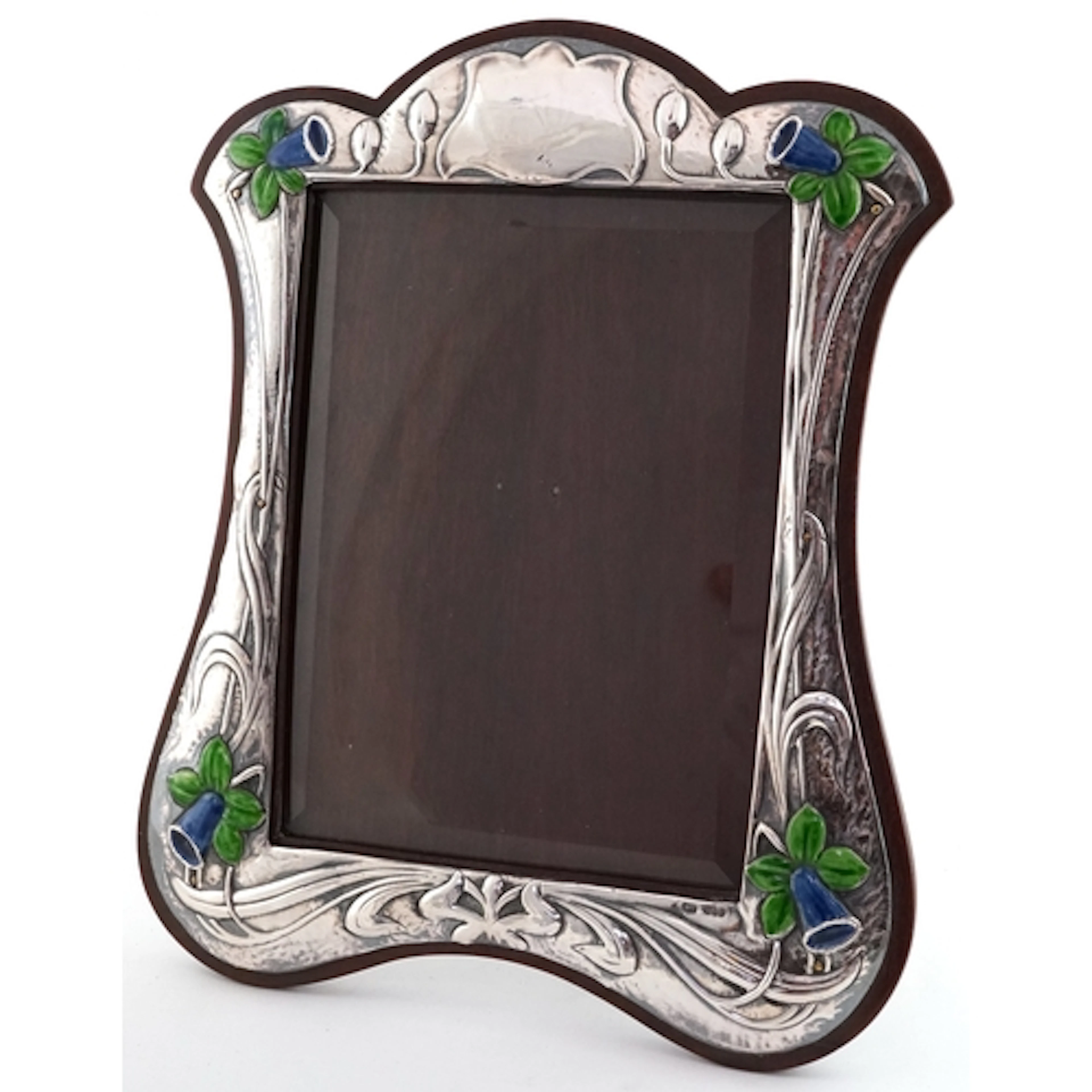 KF Ltd., large Art Nouveau style silver, enamel and oak ease...