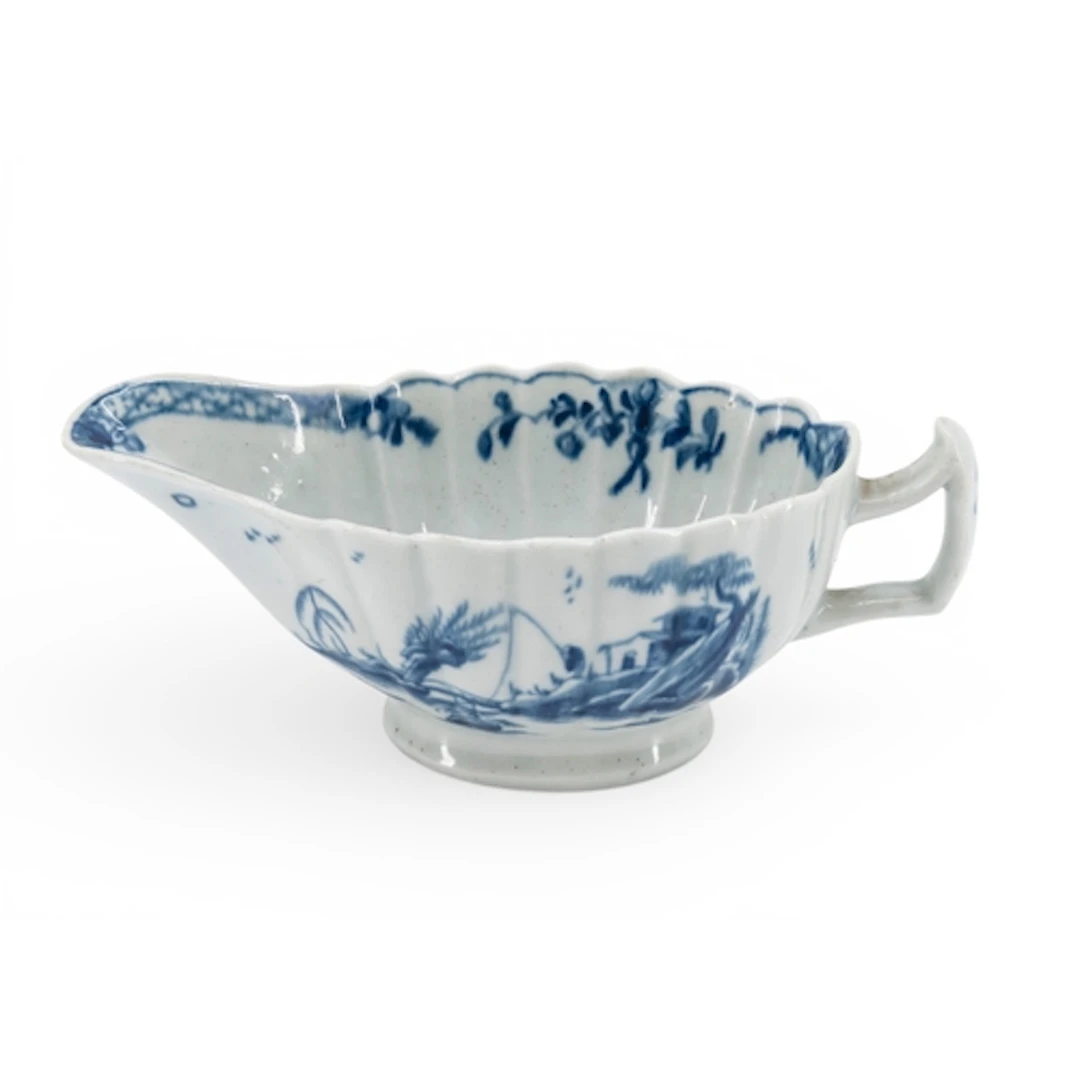 LIVERPOOL BLUE AND WHITE SAUCE BOAT of lobed elongated form ...