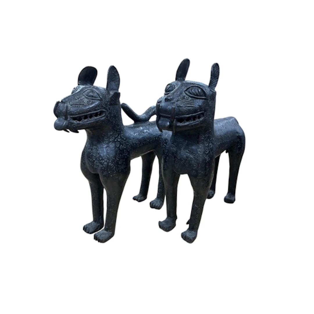 A pair West African Benin style bronzes of standing leopards...