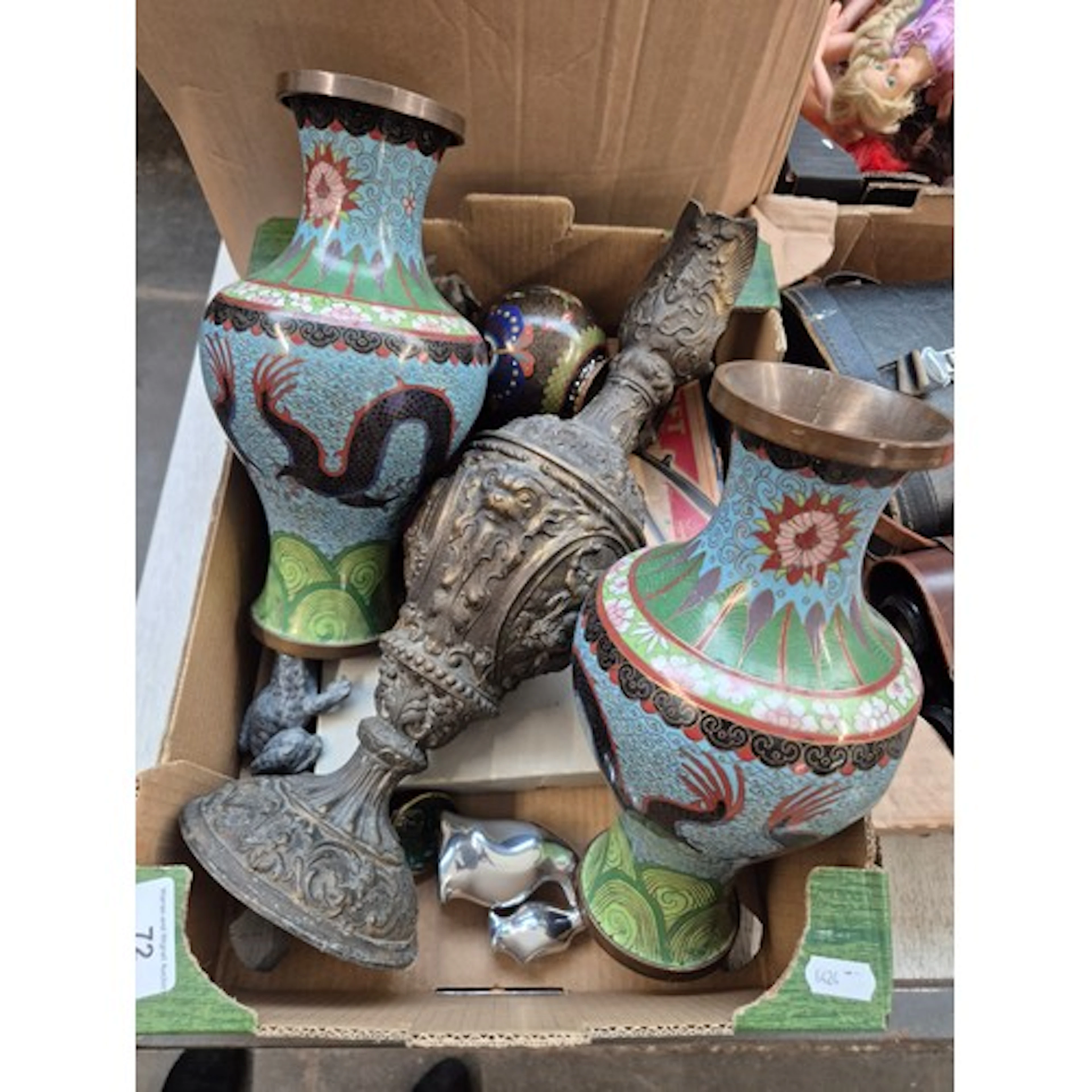 A box of metal wares to include cloisonne, 2 Hoselton (Canad...