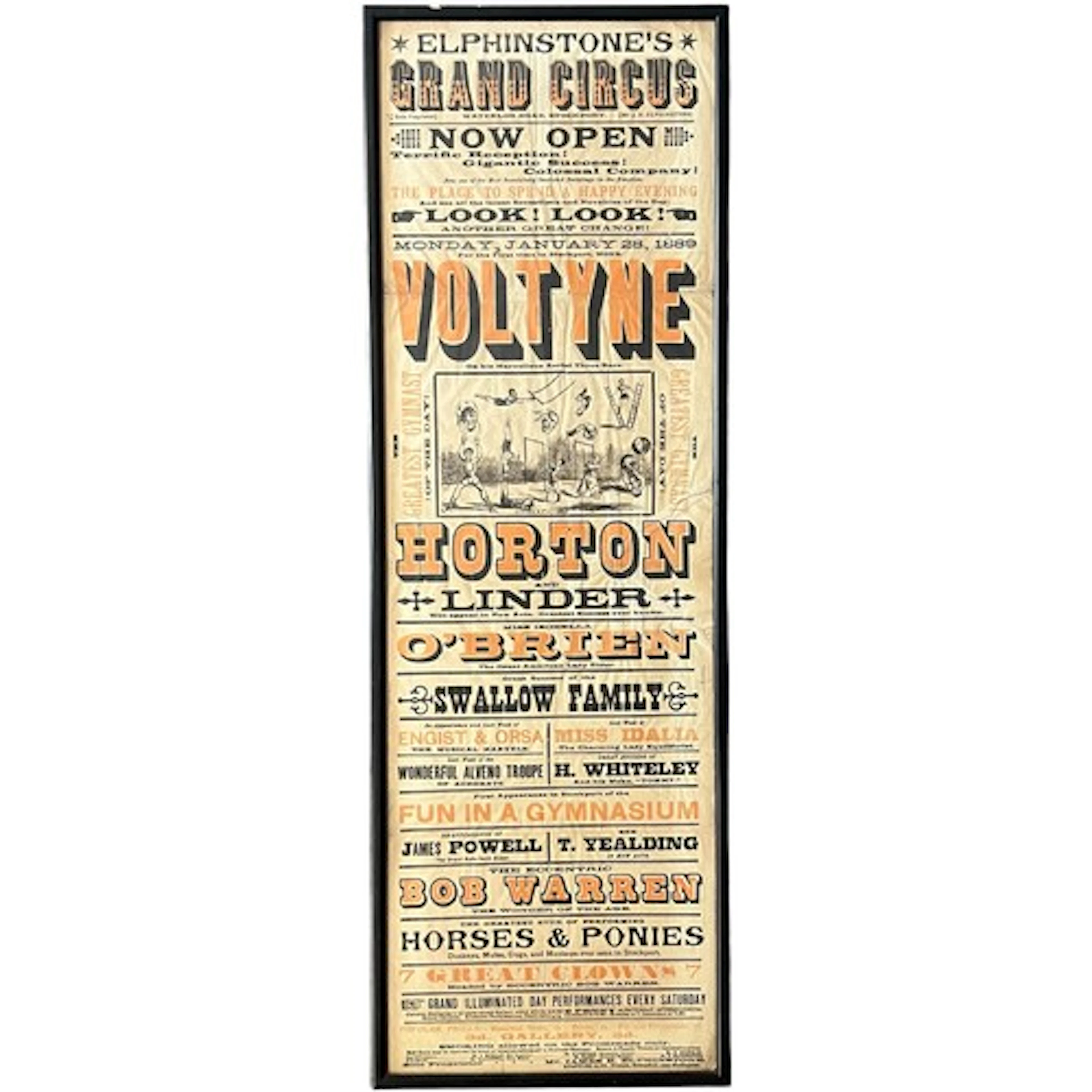 Elphinstone’s Grand Circus 1889 circus poster. Waterloo Roa,...