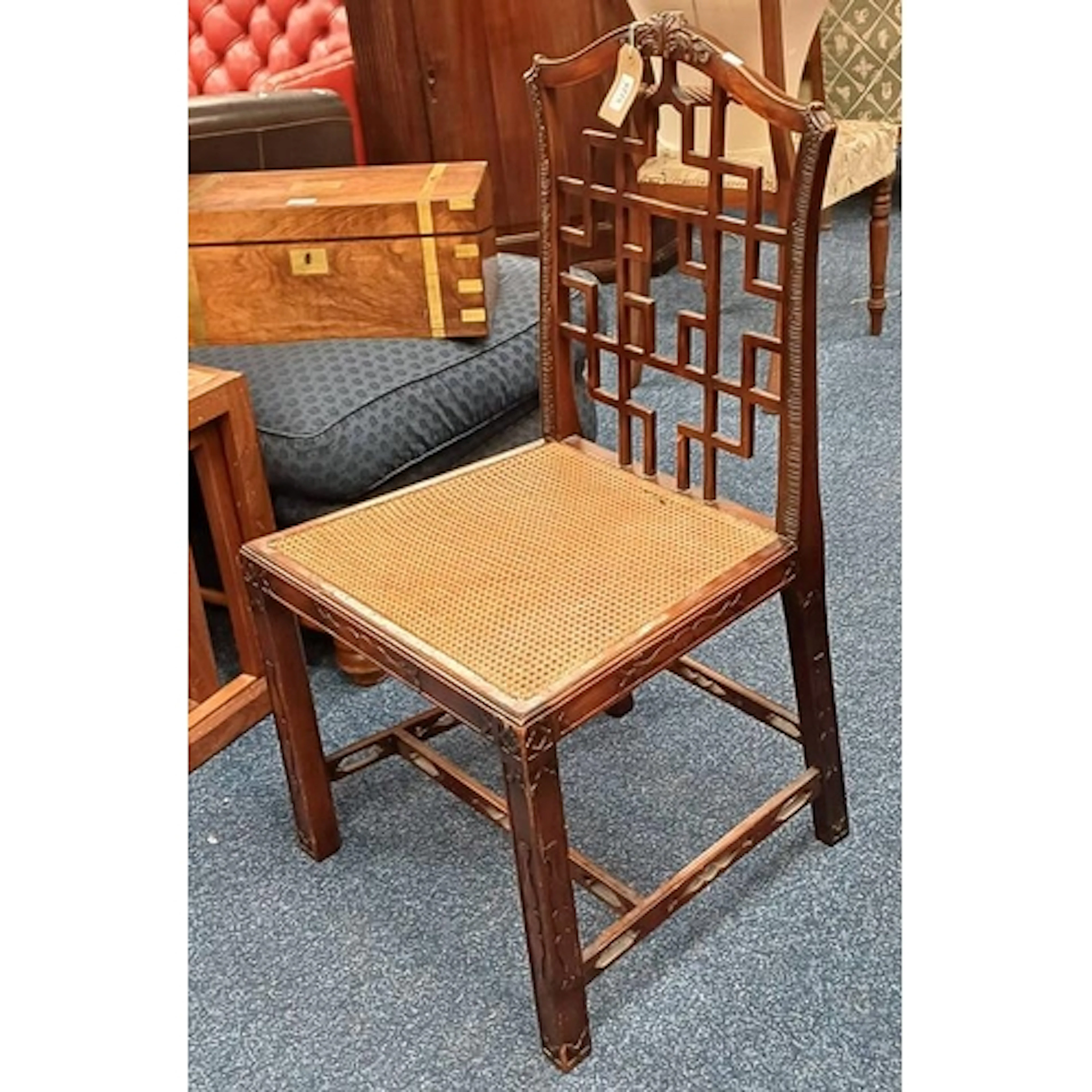 MAHOGANY COCKPEN STYLE CHAIR WITH BERGERE SEAT & CARVED DECO...