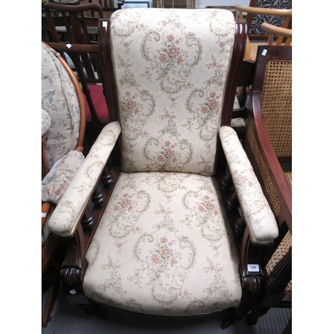 Victorian mahogany drawing room armchair, with beige floral ...