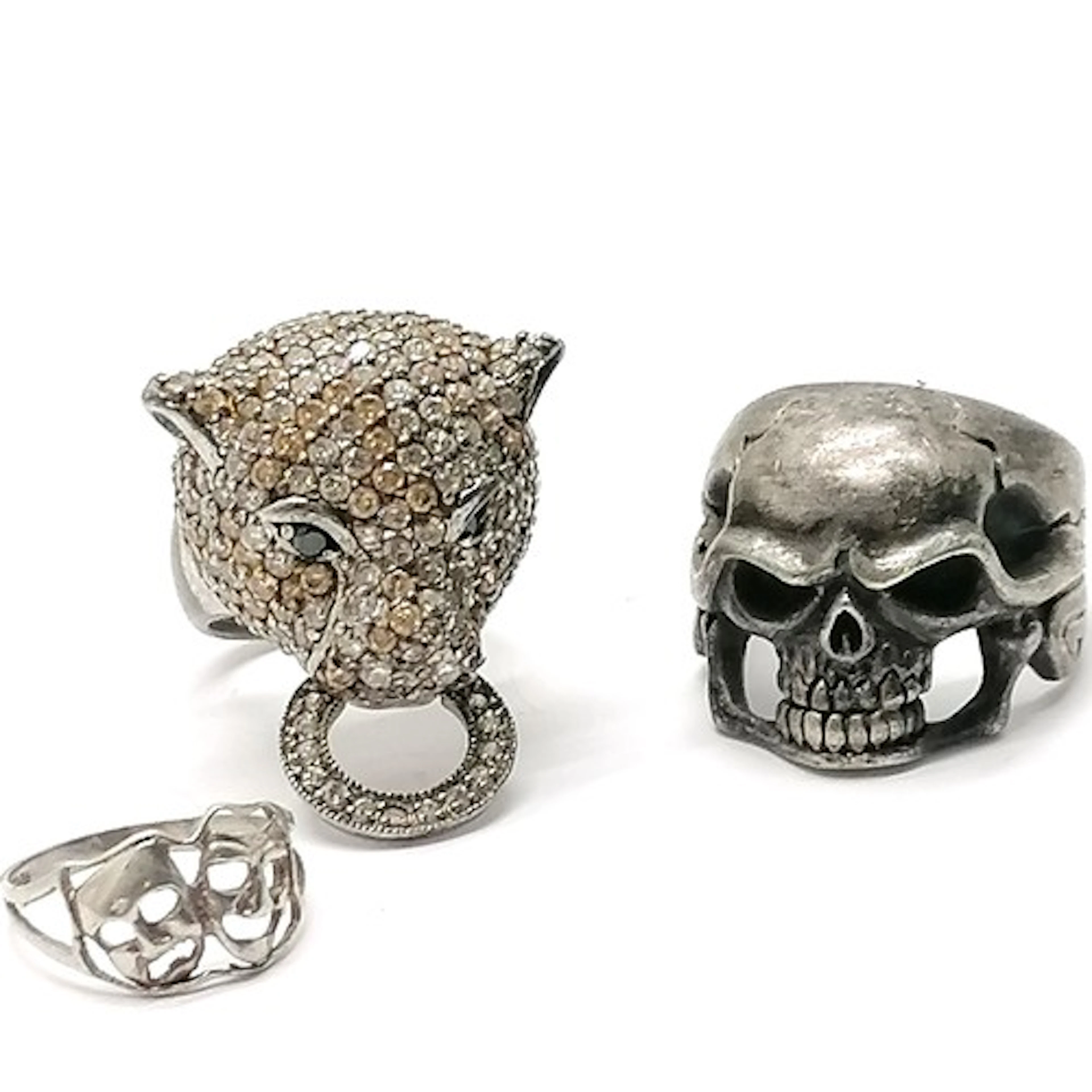 3 x silver rings - jaguar head holding ring, tragedy/comedy ...