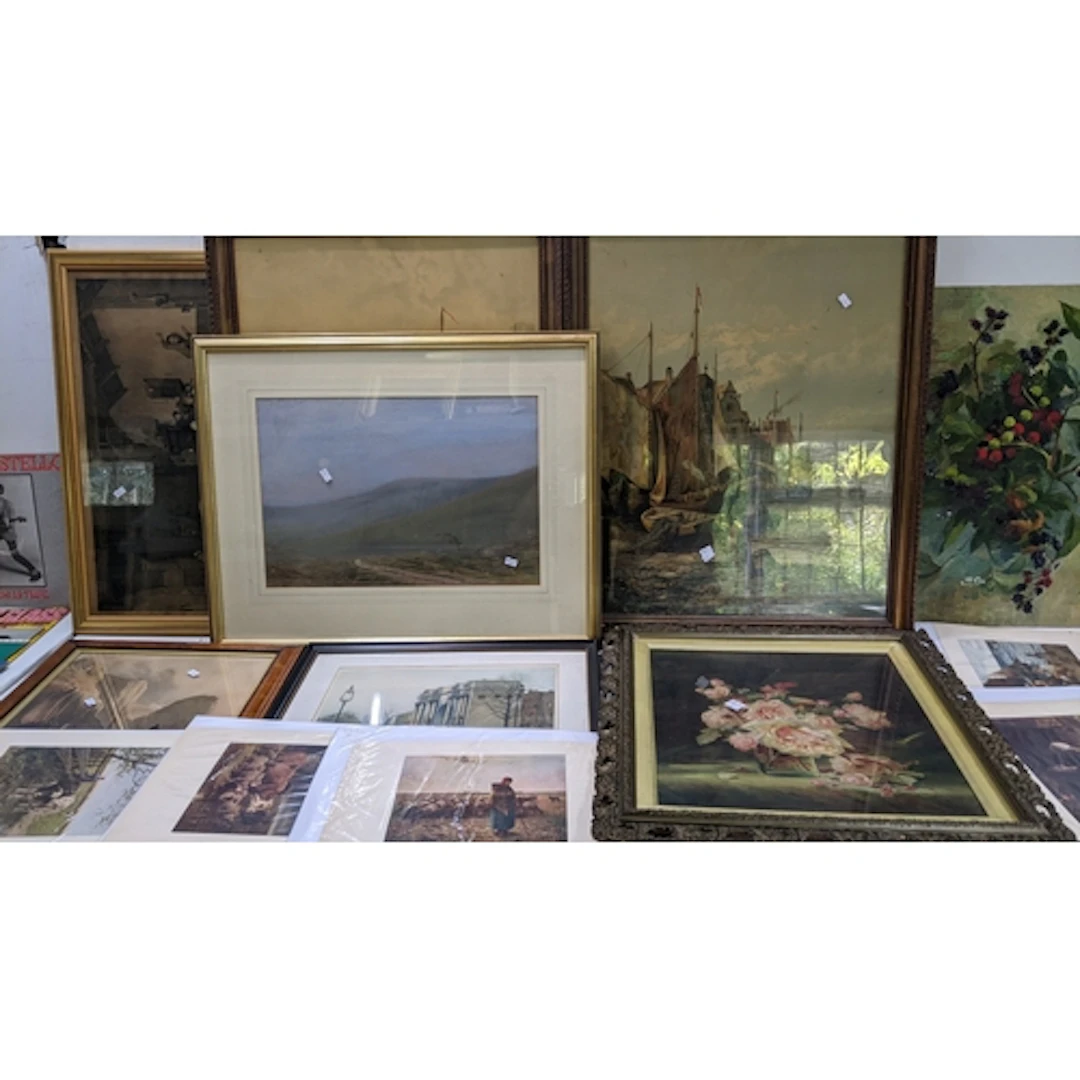 Mixed pictures to include a watercolour depicting South Down...