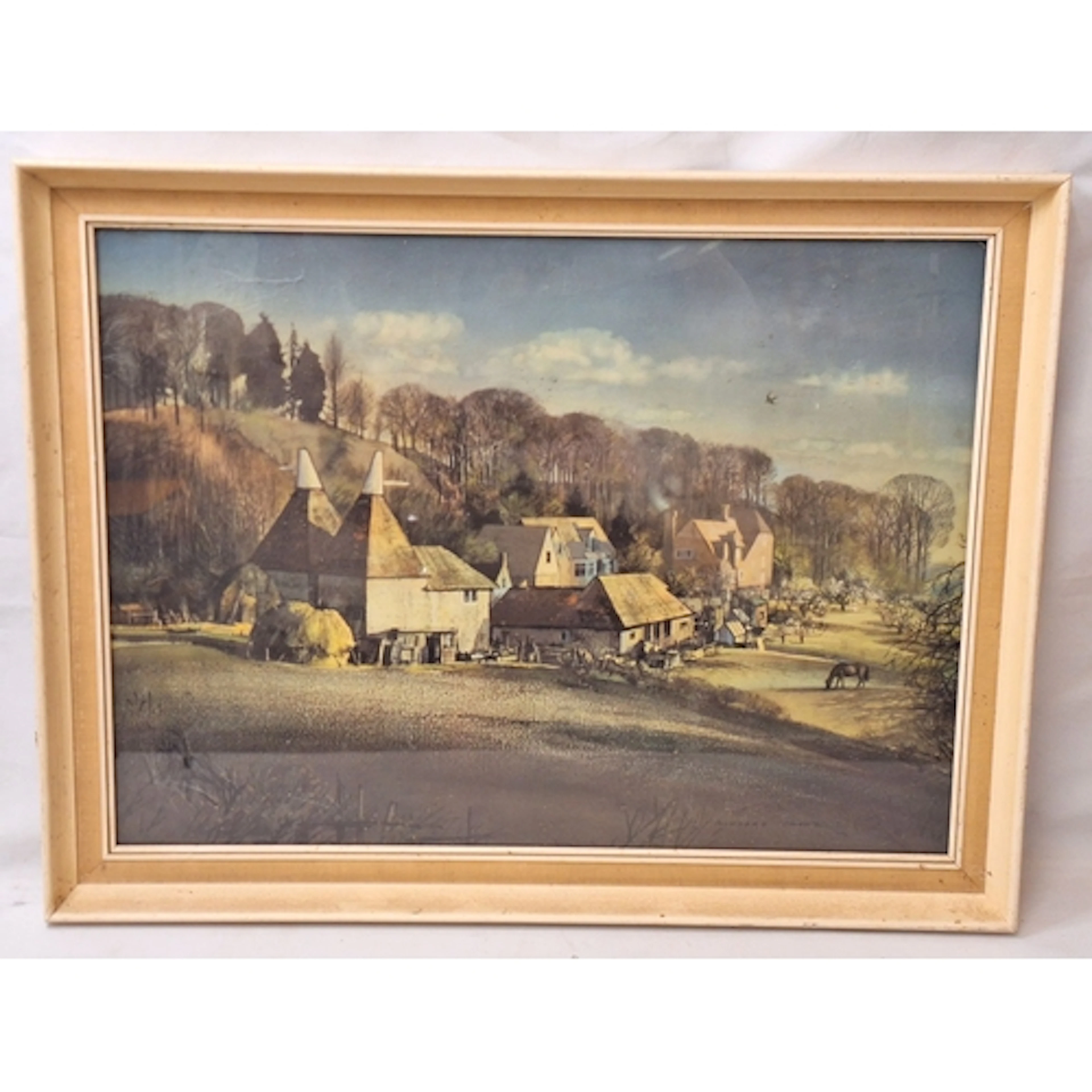 Large F/g Print, Kentish Oast Houses in farm setting, horses...