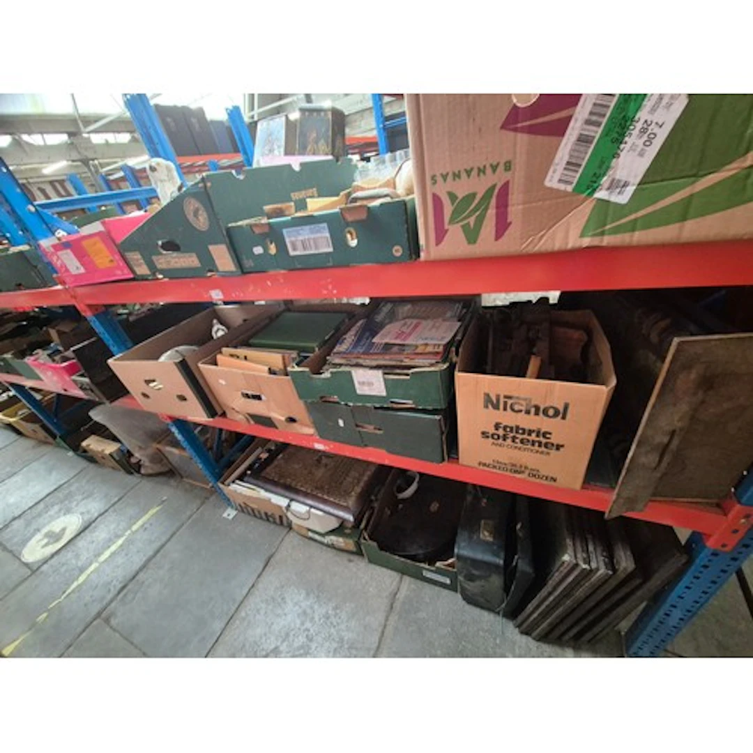13 boxes and a suitcase of mixed items (3 shelves) including...