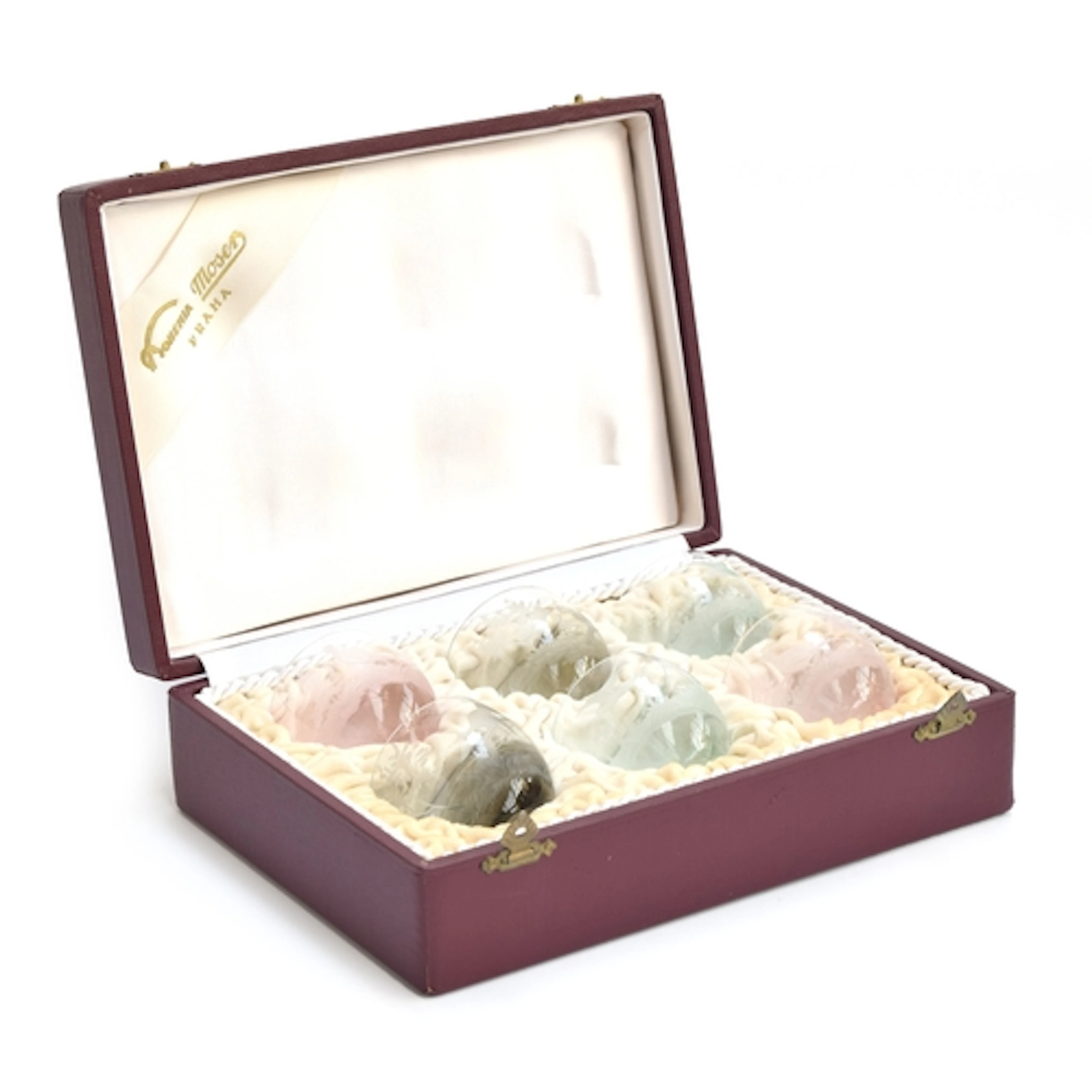 A cased set of early 20th century Moser Praha etched coloure...