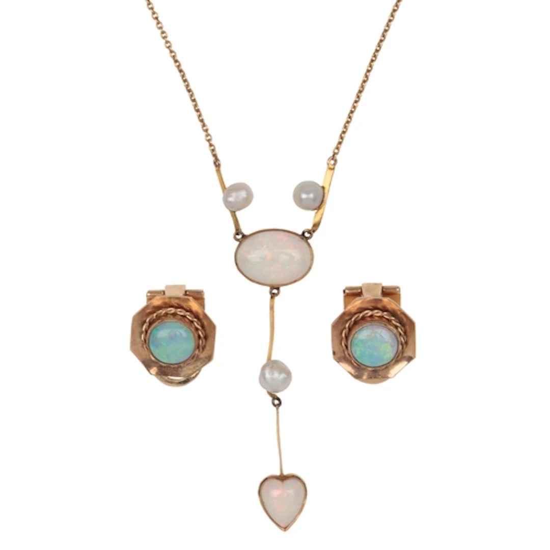 A pair of opal earrings and an opal and pearl necklace, comp...