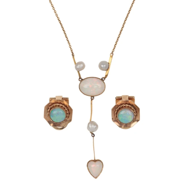 A pair of opal earrings and an opal and pearl necklace, comp...