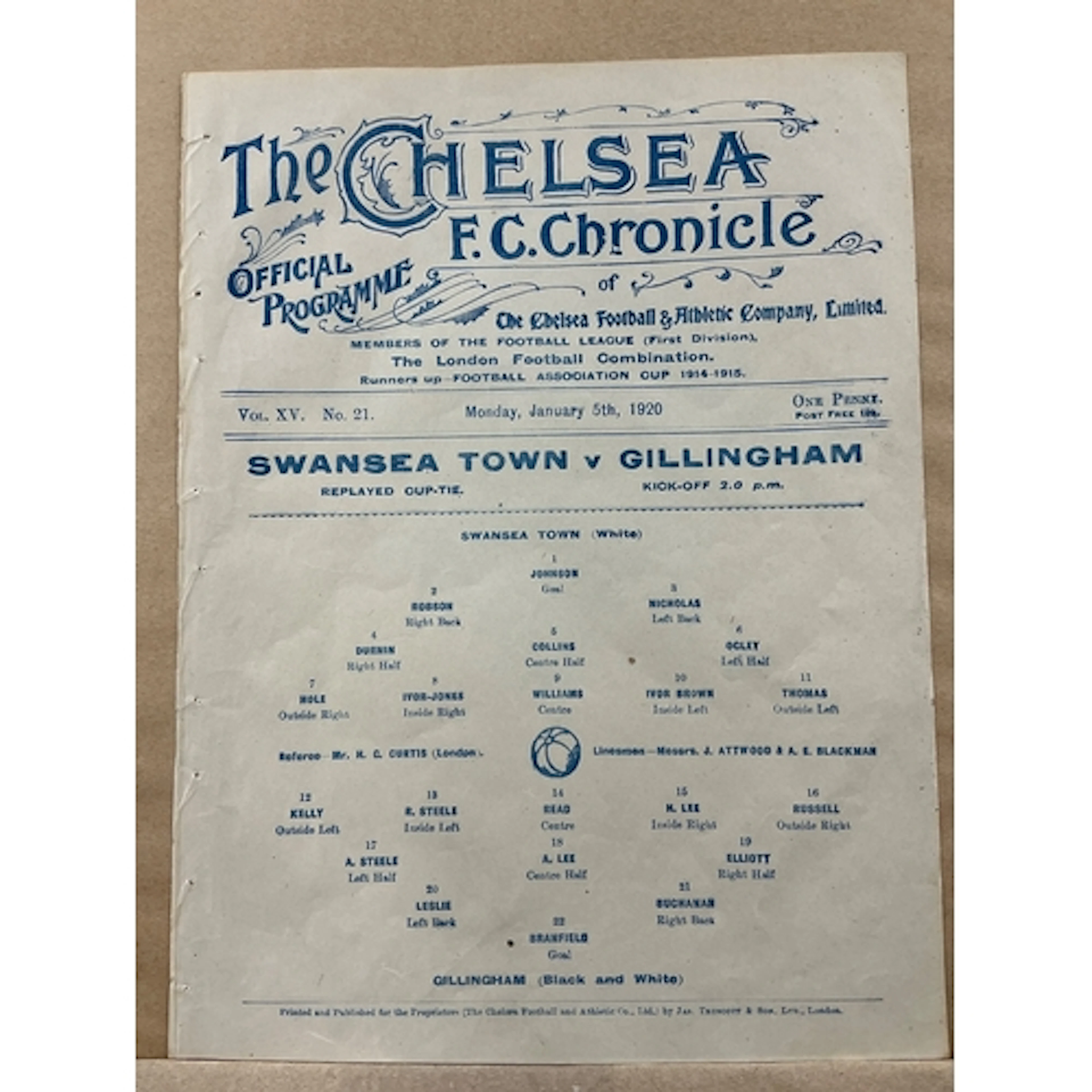 1919 - 1920 Swansea v Gillingham At Chelsea Football Program...