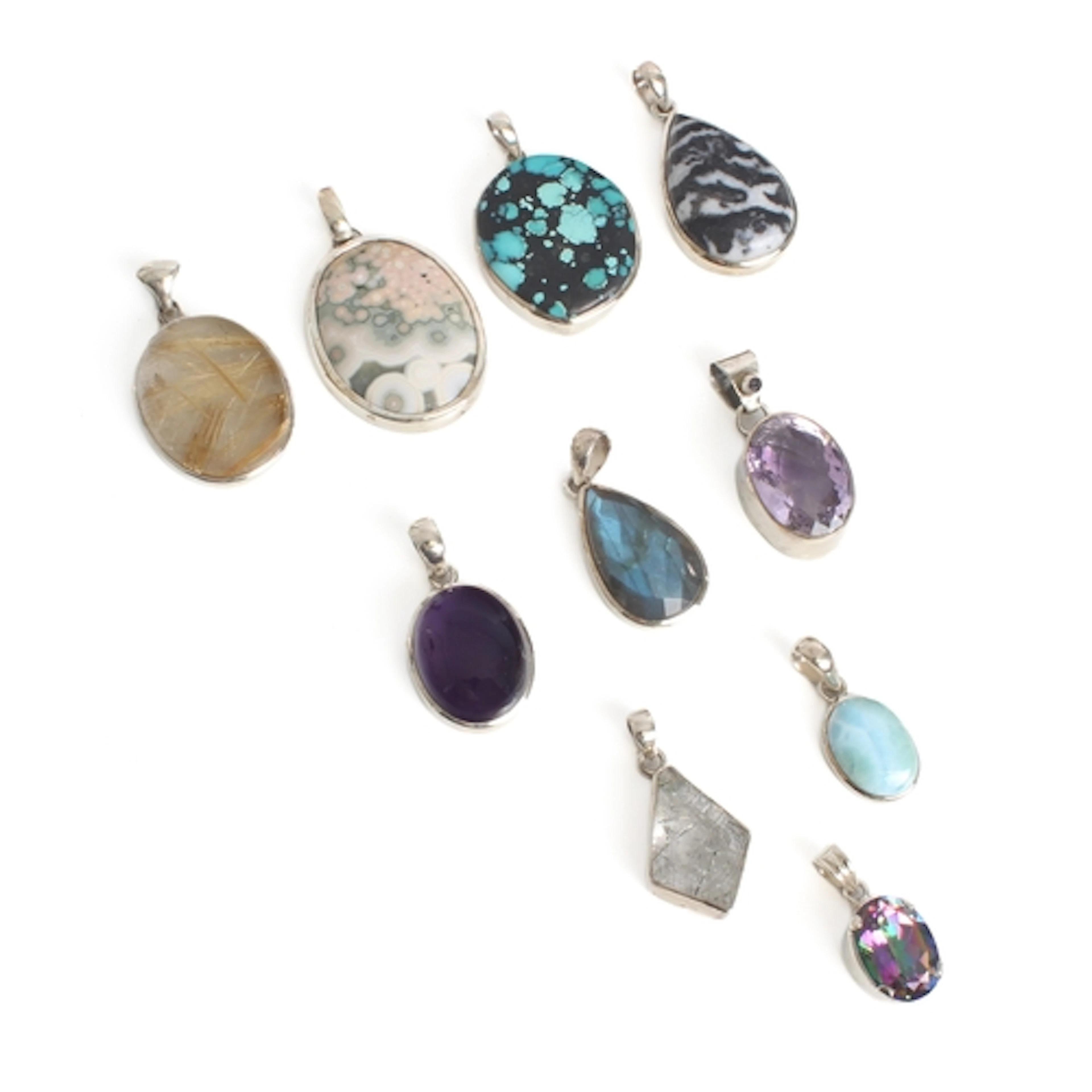 Ten mixed gemstone and sterling silver pendants - including ...