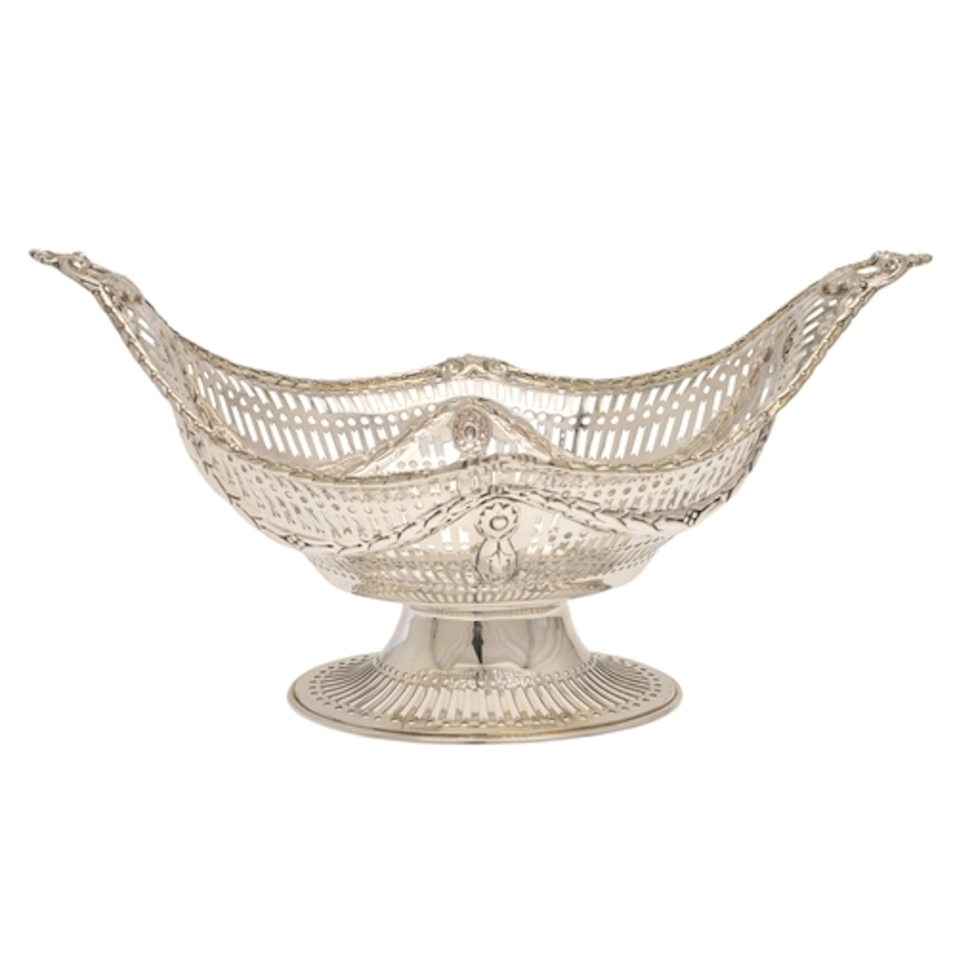 A LATE VICTORIAN SILVER TABLE BREAD BASKET. Of navette shape...