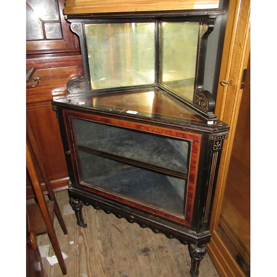 Victorian ebonised and amboyna corner cabinet, together with...