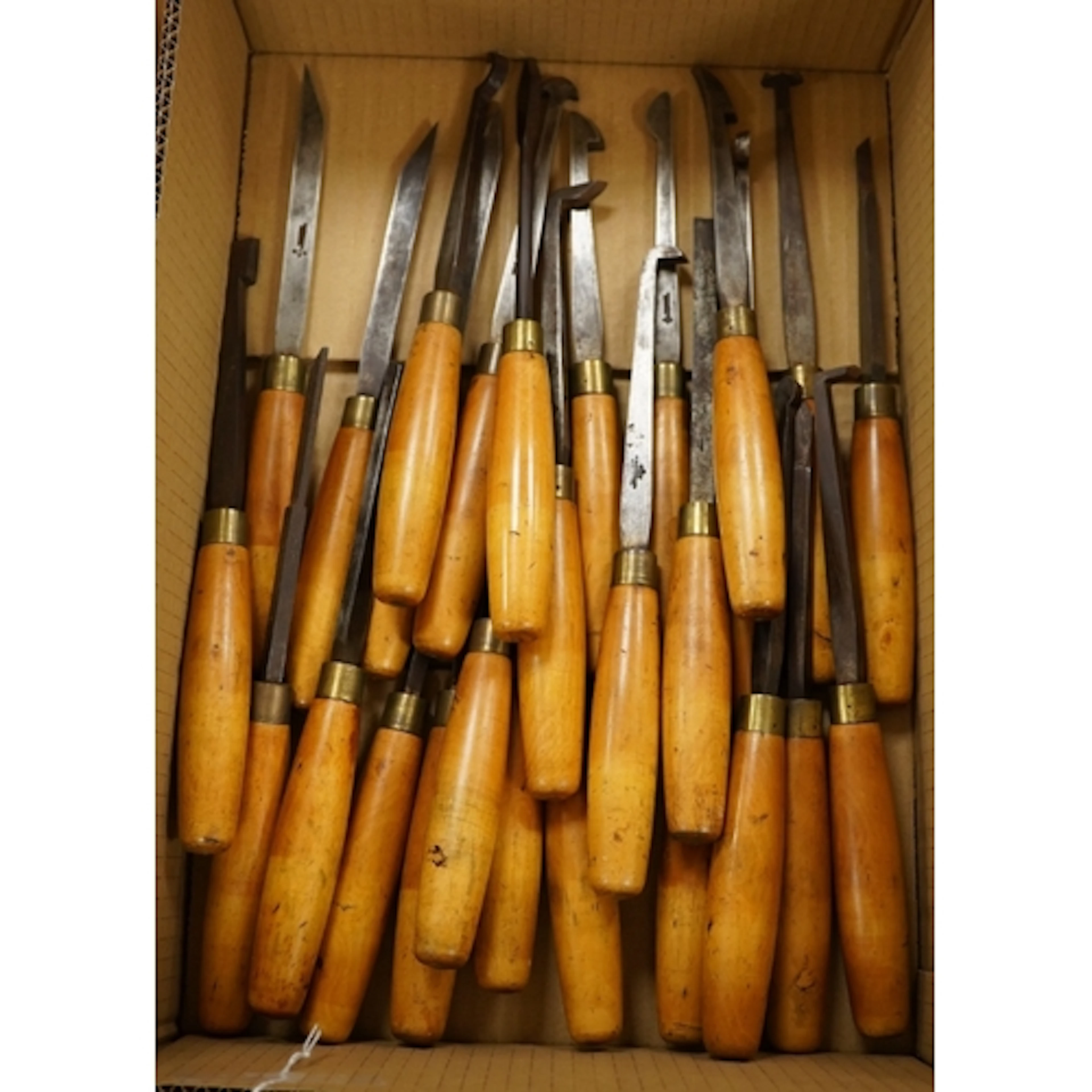 Twenty-six unusual early 20th century wood working chisels b...