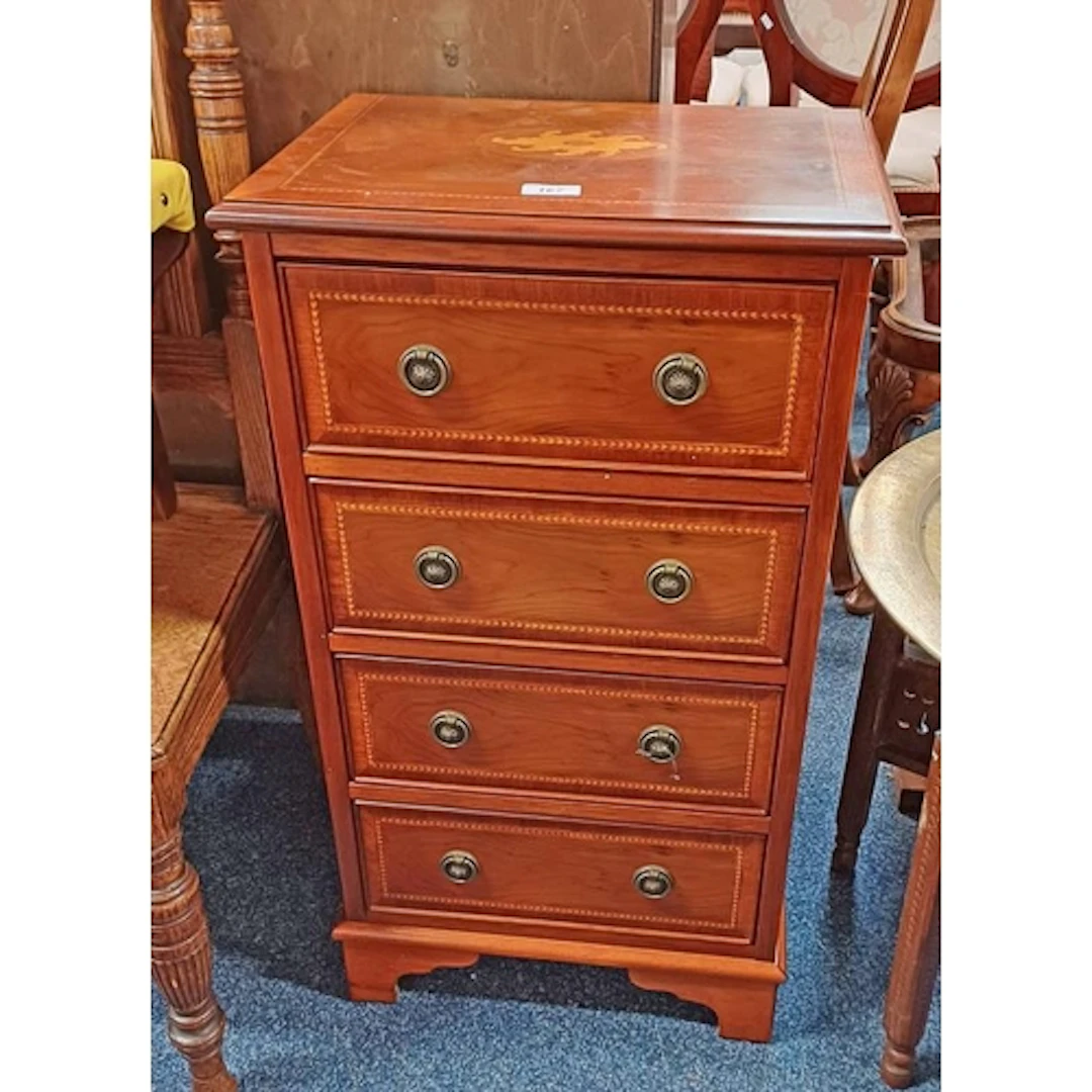 LATE 20TH CENTURY INLAID YEW CHEST OF 4 DRAWERS ON BRACKET S...