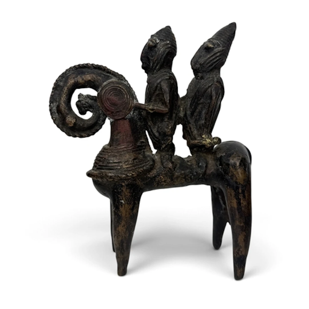 TWO AFRICAN TRIBAL CAST BRASS EQUESTRIAN FIGURES, KOTOKO PEO...