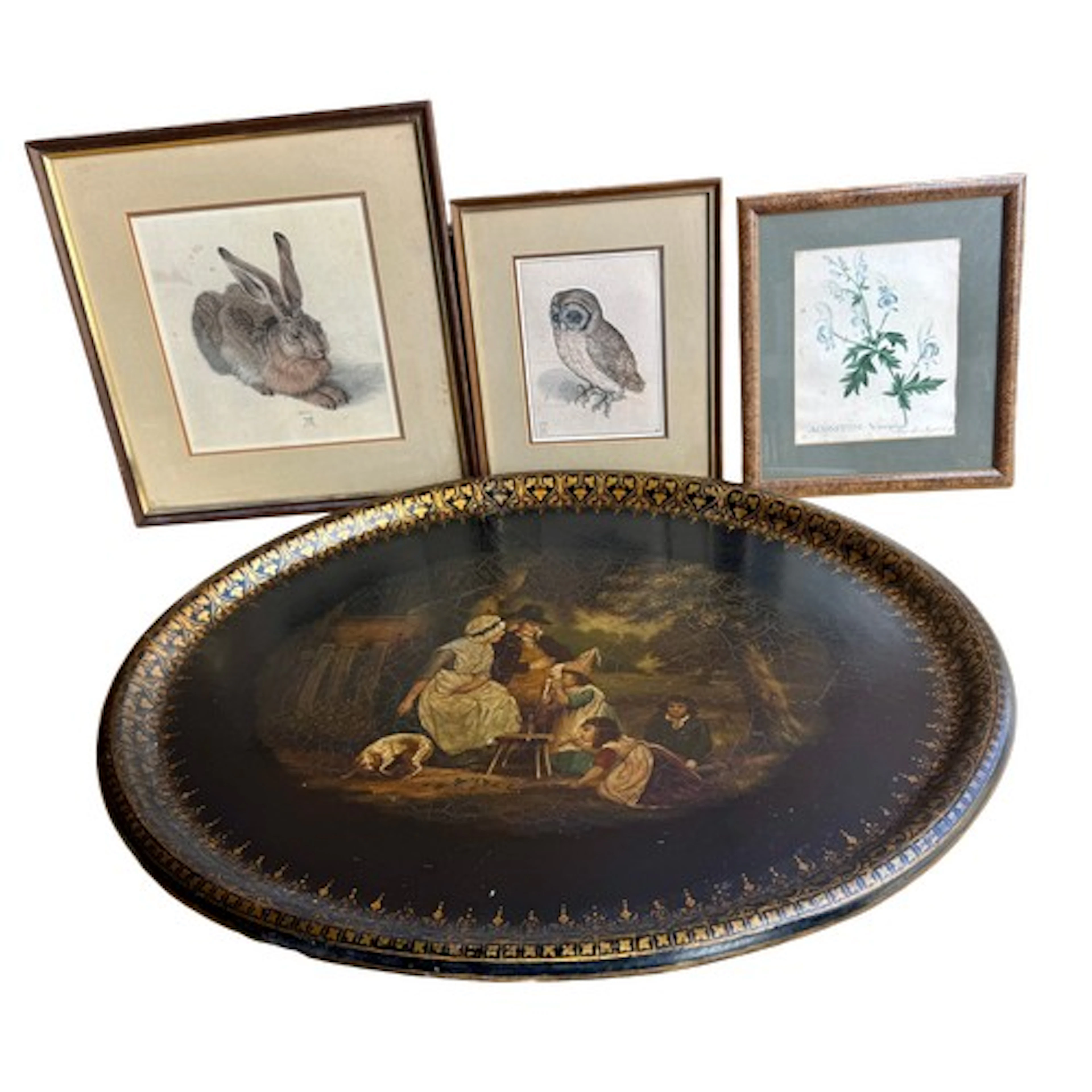 A 19thC papier mâché tray 61cm x 76cm, two Albrecht Dürer pr...