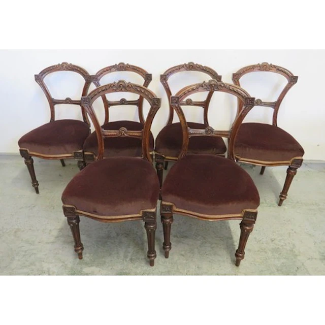 6 Antique Mahogany Balloon Backed Chairs, ornate carvings to...