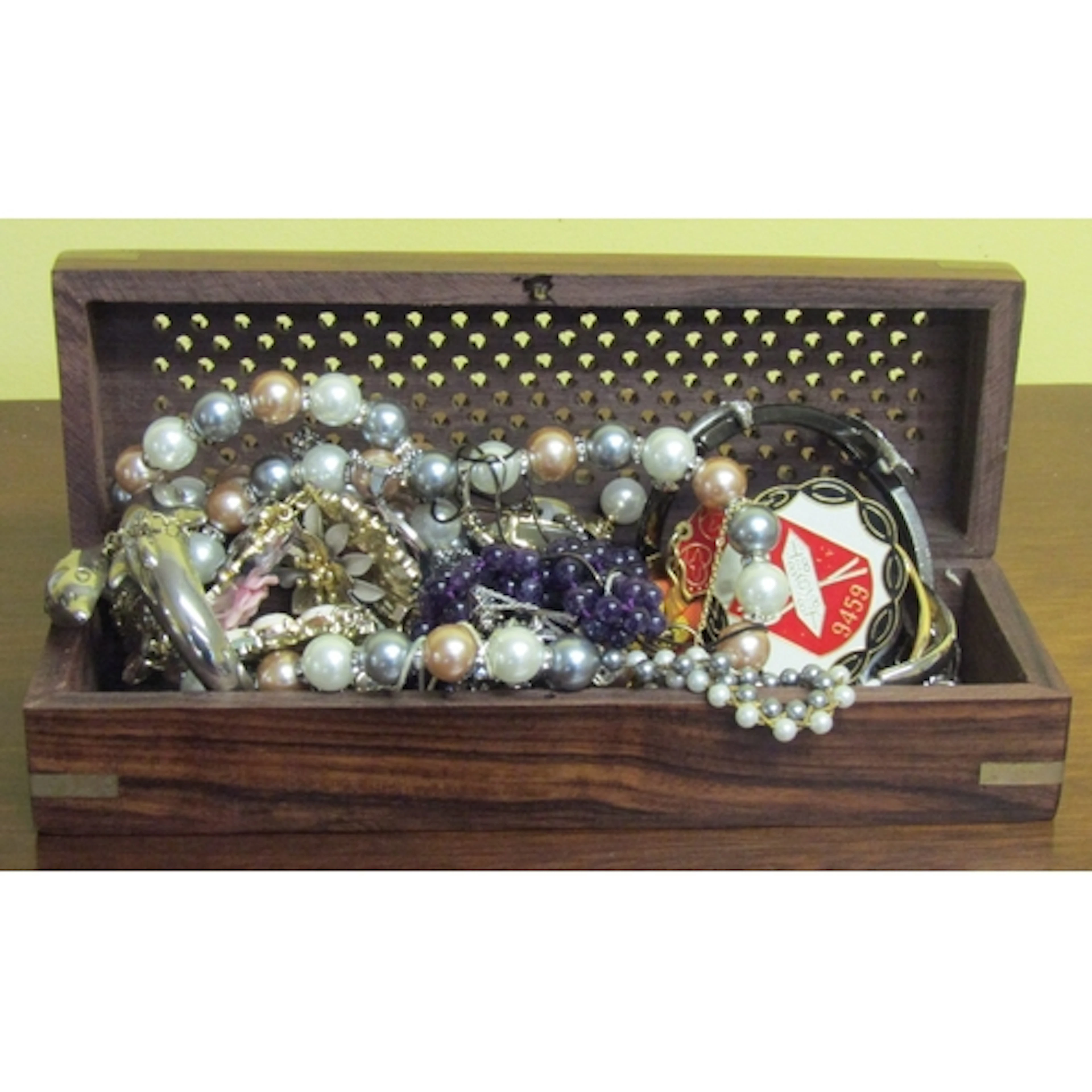 Box of Various Costume Jewellery Contained Within Hardwood B...