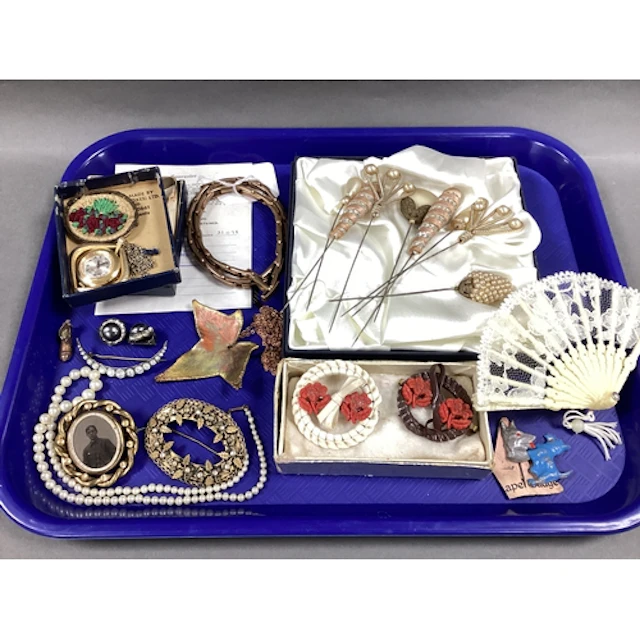 Vintage Hatpins, miniature fan, Victorian and later brooches...