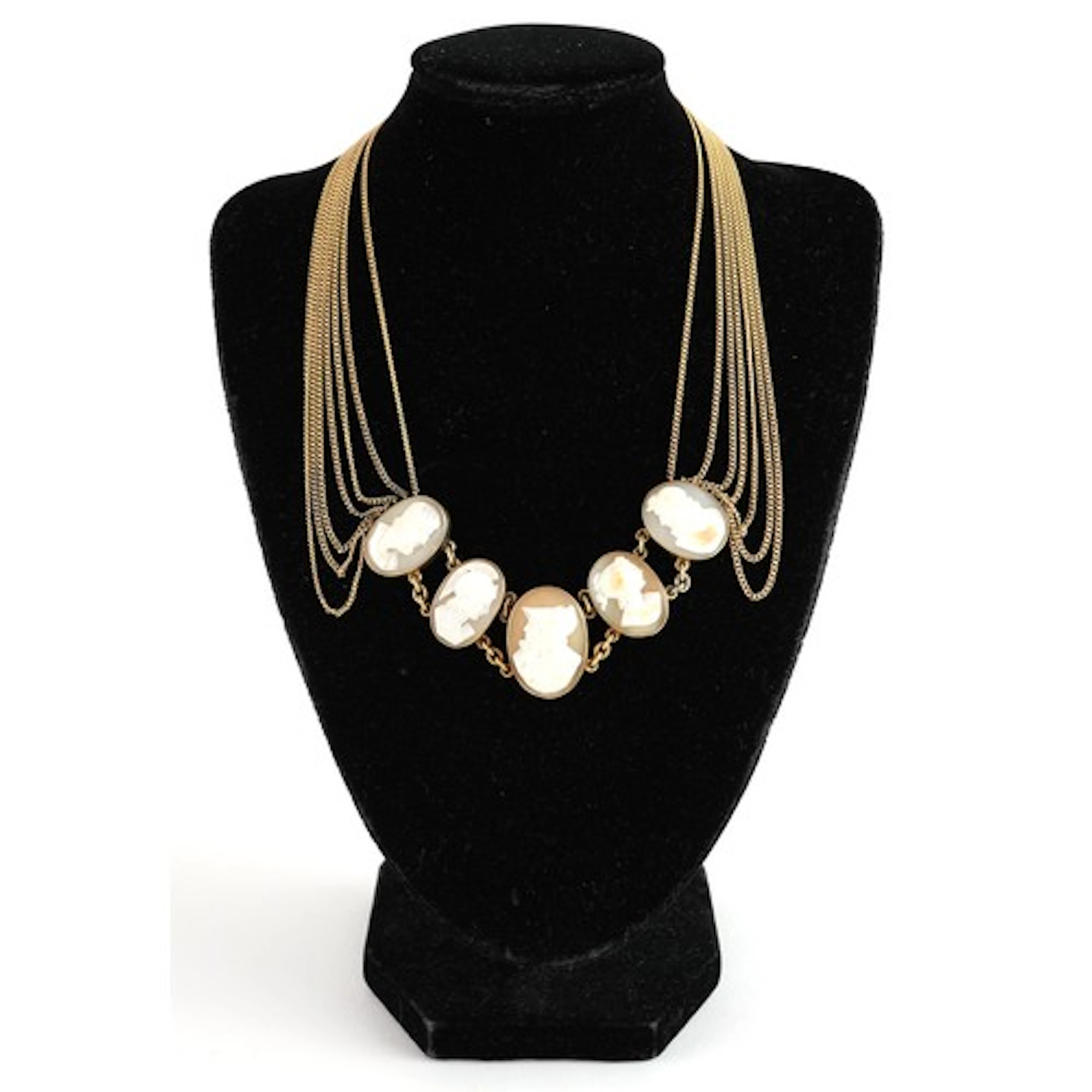 Gilt metal cameo shell panel necklace carved with figures, 4...