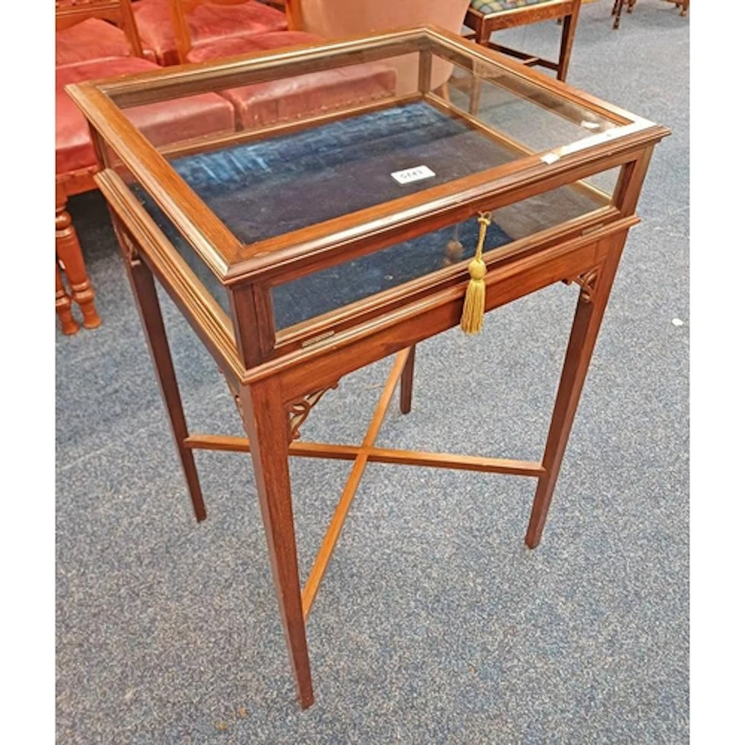 MAHOGANY BIJOUTERIE TABLE WITH GLAZED LIFT-UP TOP & FALL FRO...