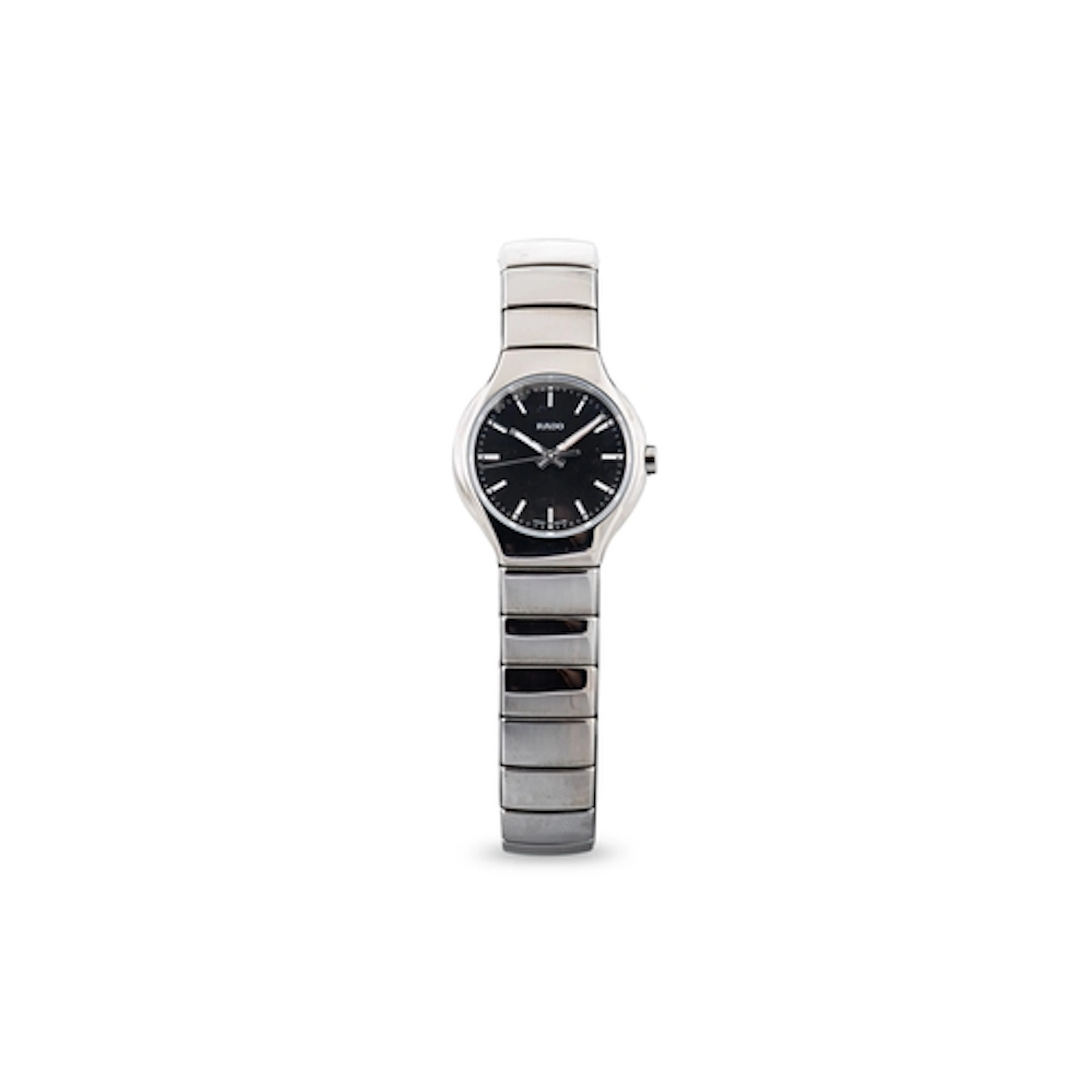 A LADY'S RADO CERAMIC WRIST WATCH, black dial with baton mar...