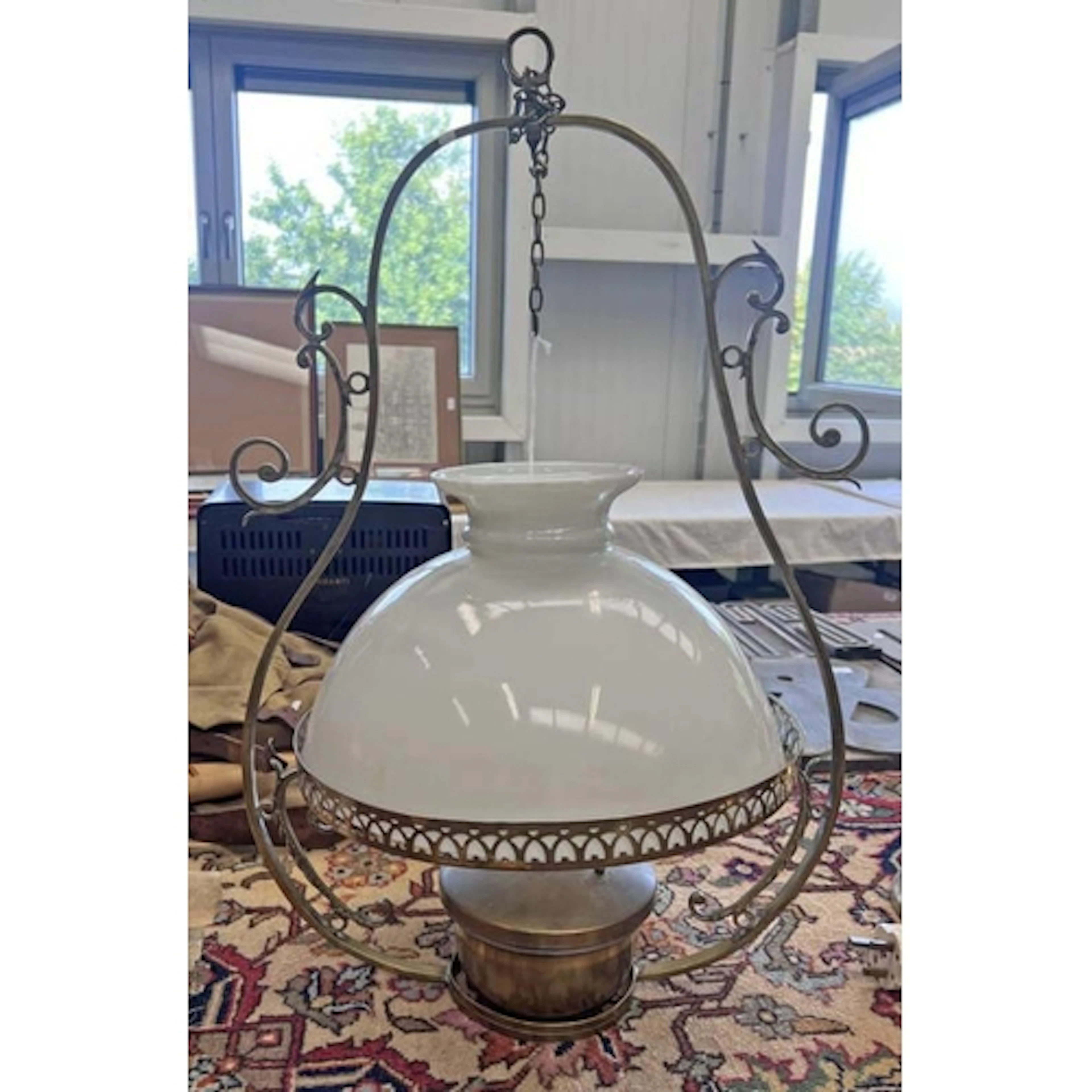 HANGING BRASS PARAFFIN LAMP WITH WHITE GLASS SHADE & BRASS M...