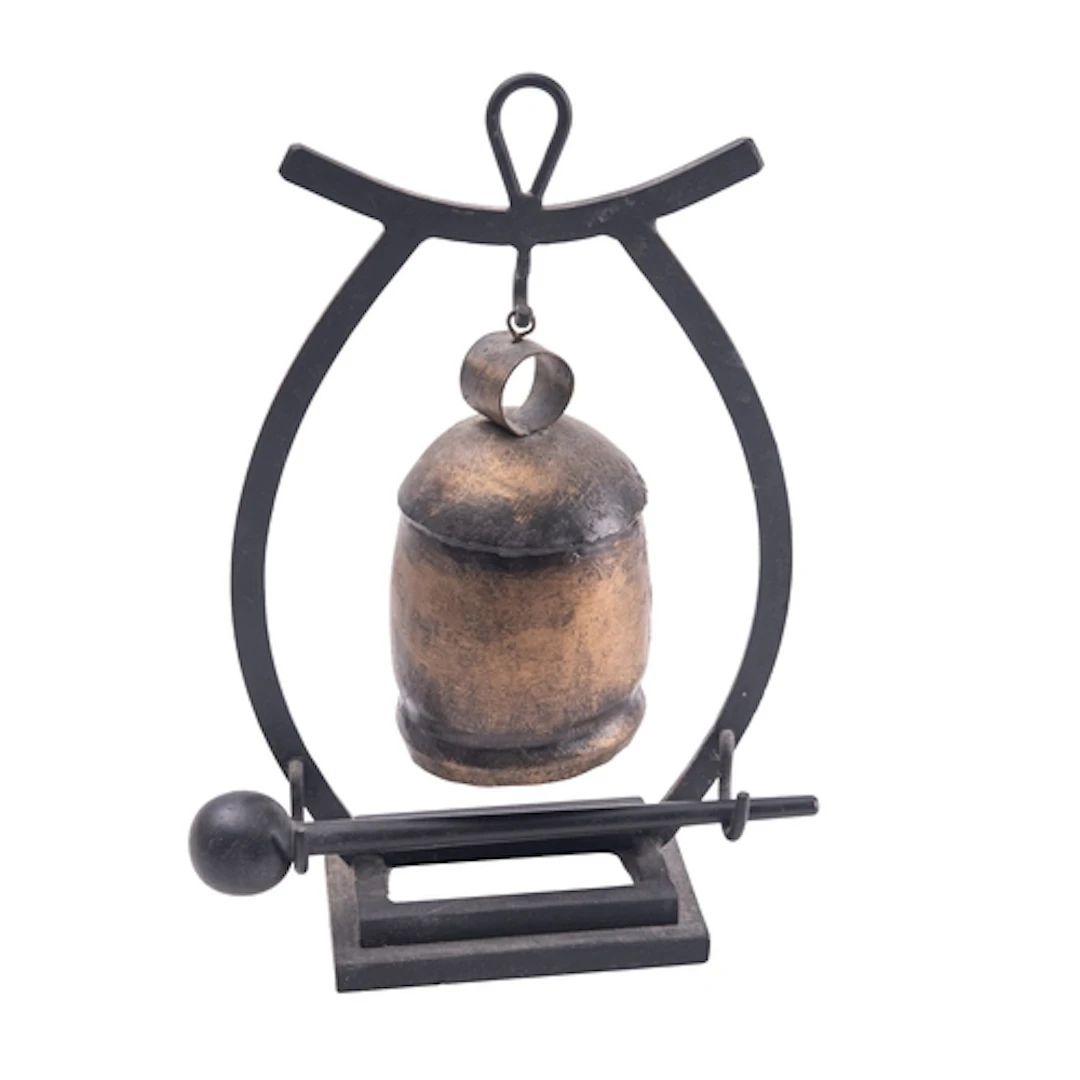 A Chinese-style patinated metal bell on stand, modern, 32cm ...
