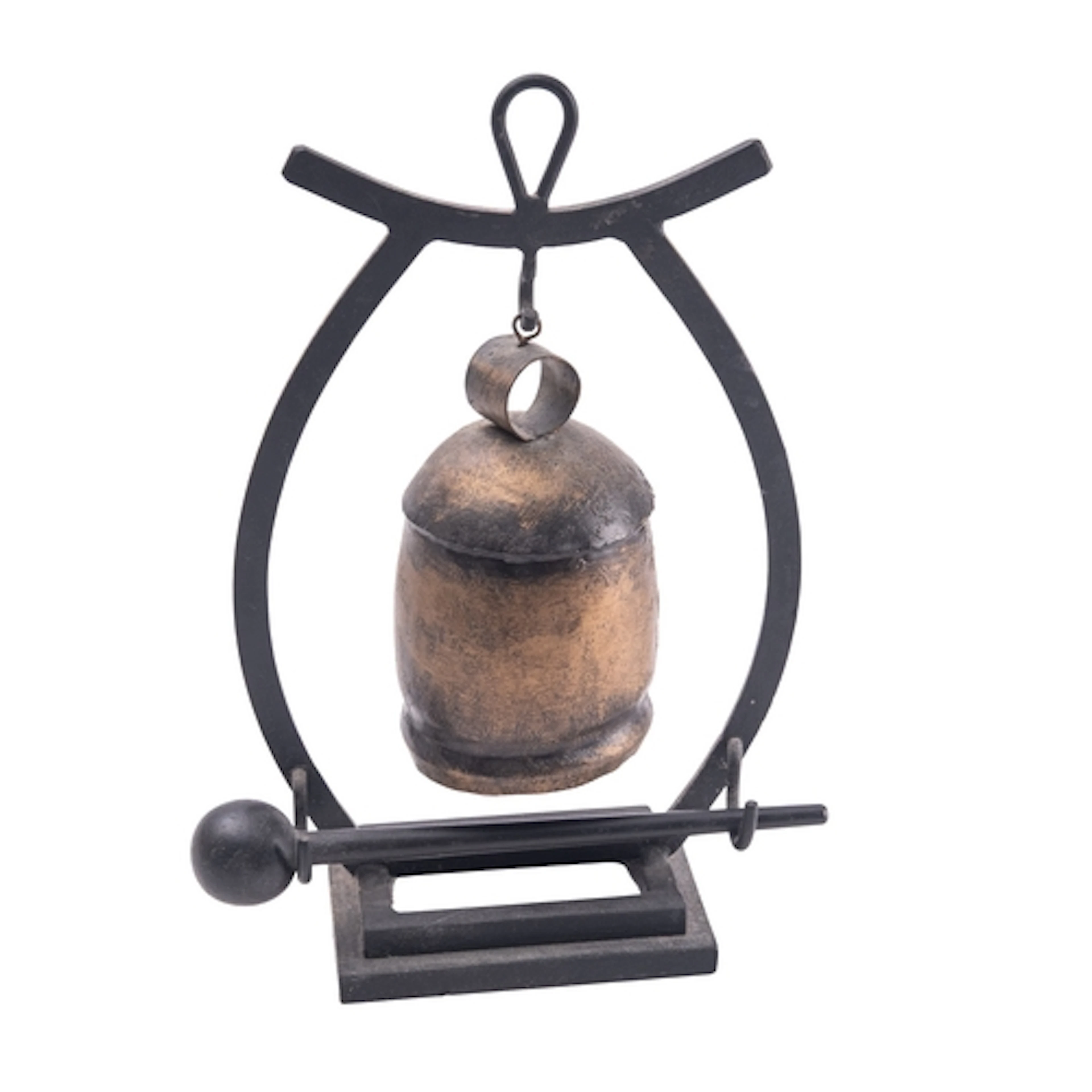 A Chinese-style patinated metal bell on stand, modern, 32cm ...