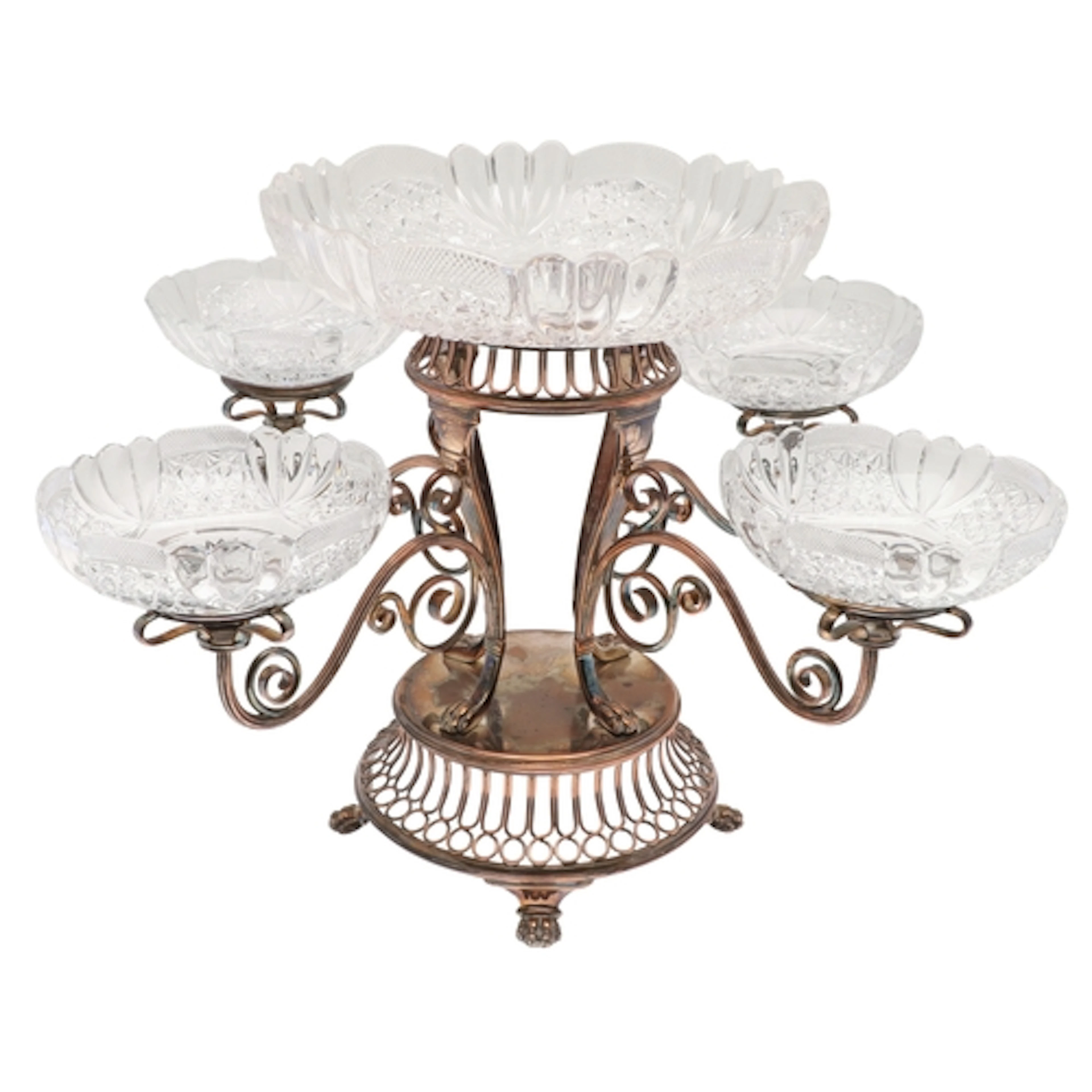 A SILVER PLATE ON COPPER TABLE CENTREPIECE EPERGNE. The cent...