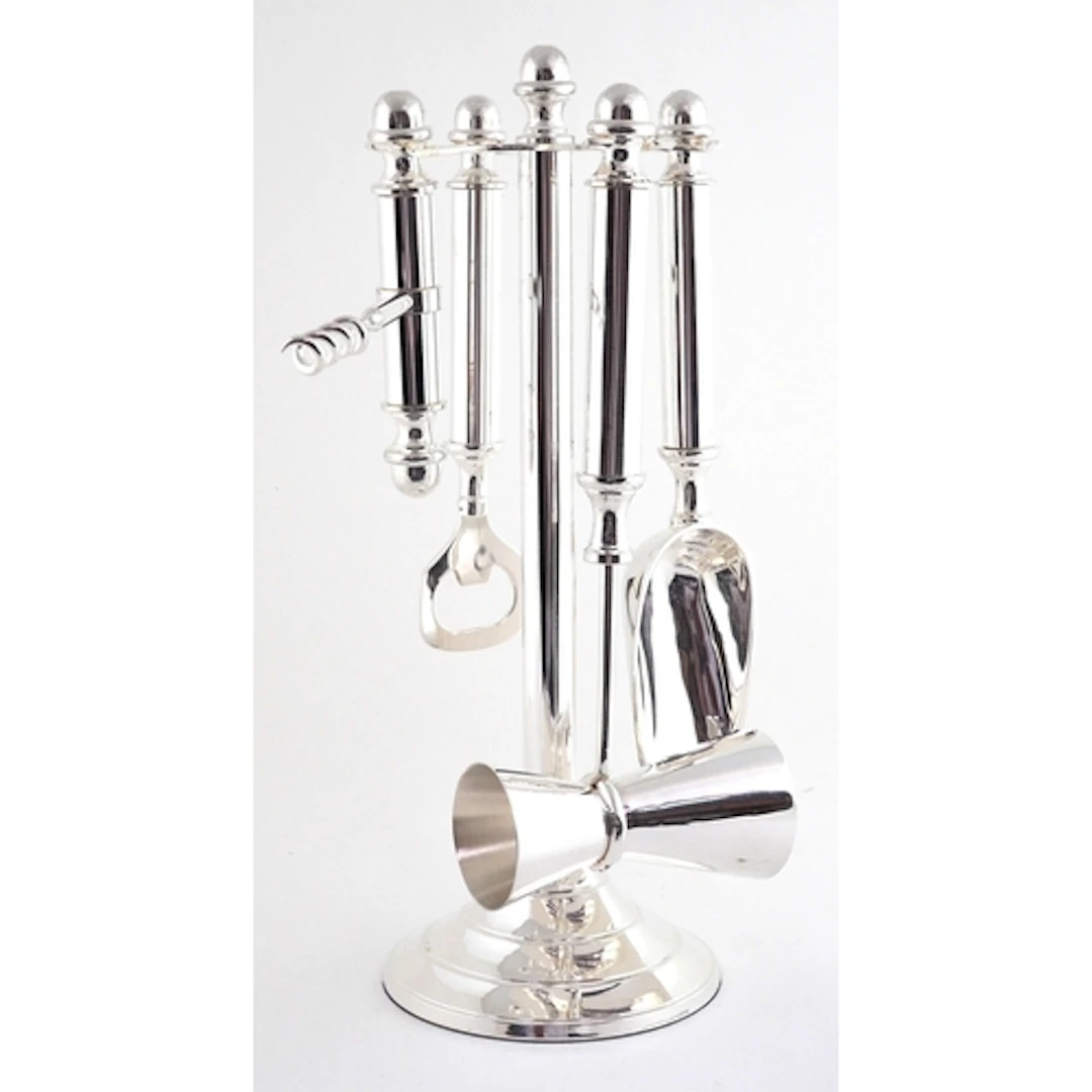 Silver plated set of bar utensils on stand, 28cm high.