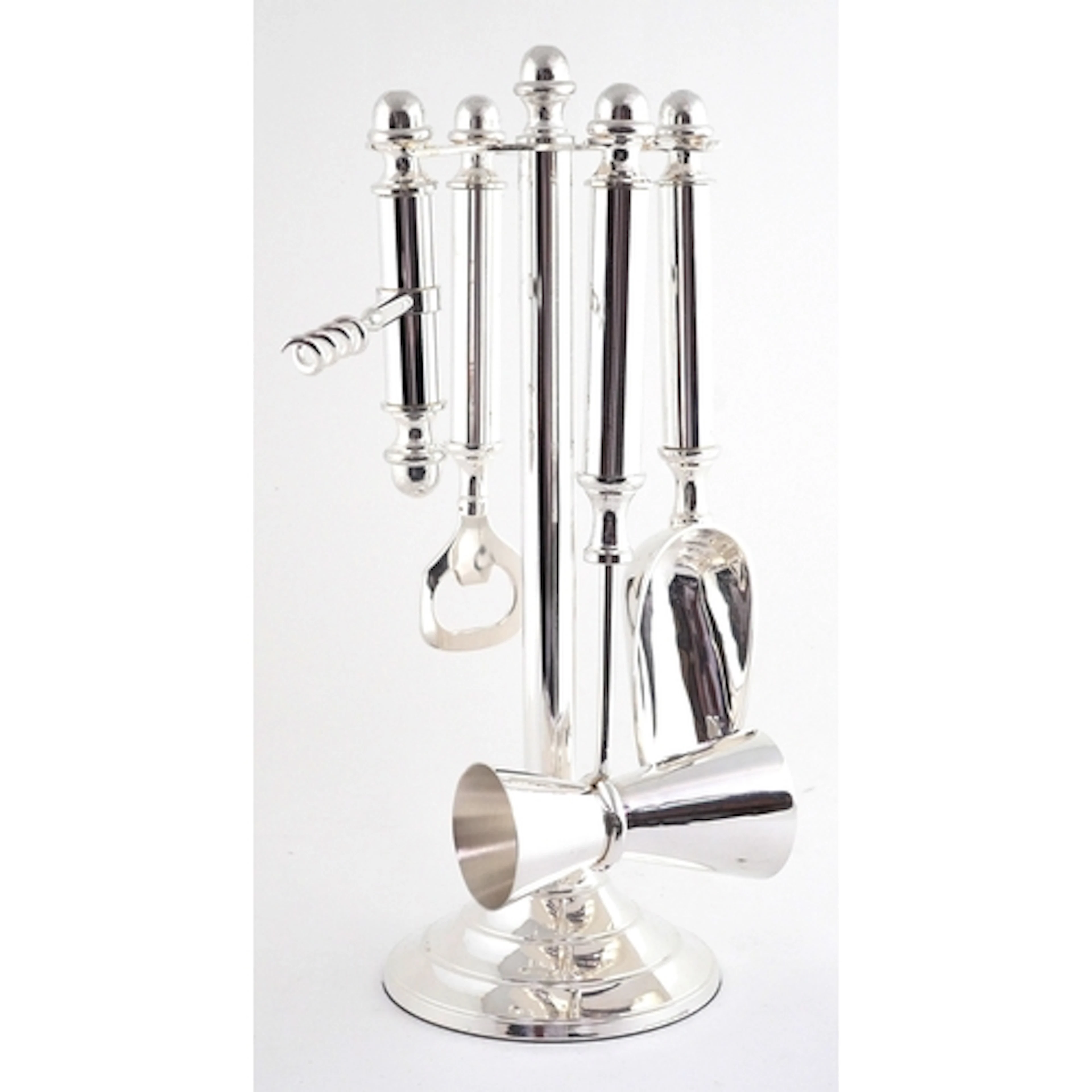 Silver plated set of bar utensils on stand, 28cm high.