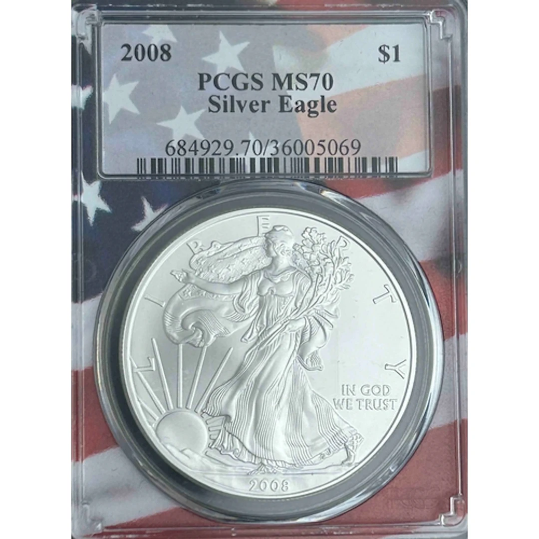 2008 USA $1 silver Eagle coin, slabbed and graded by P.C.G.S...