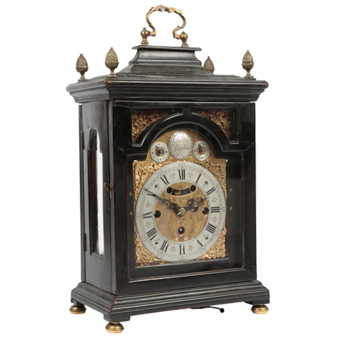 An ebonised three train bracket clock with verge escapement,...