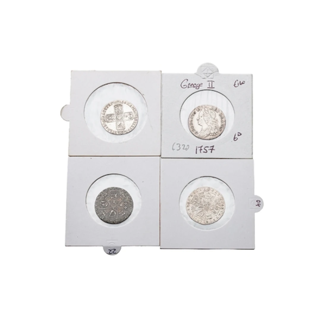 4 X ENGLISH SILVER SIX PENCE COINS, 1757/58 plus 1787 x 2 al...