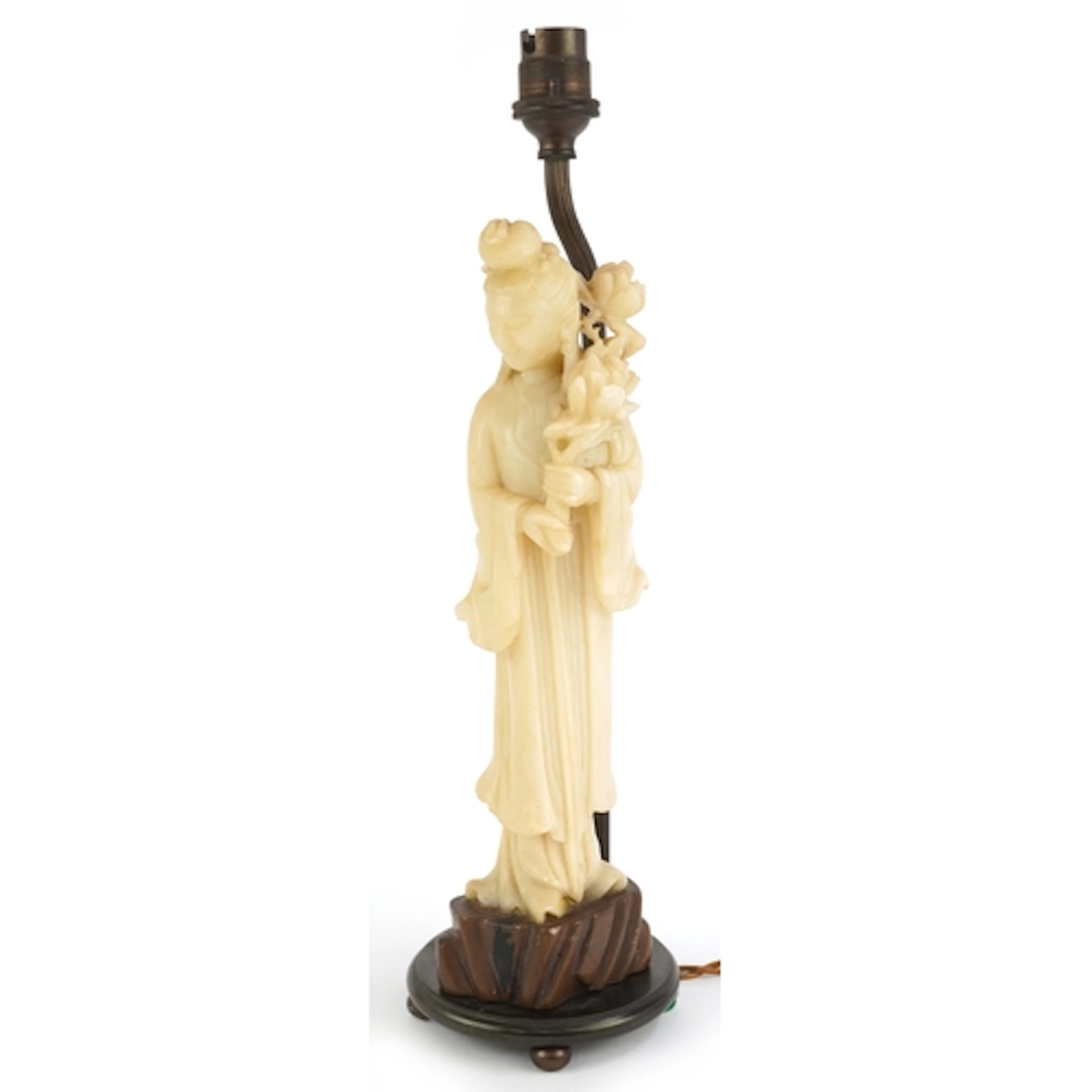 Chinese carved soapstone and wood statue of Guanyin on a bro...