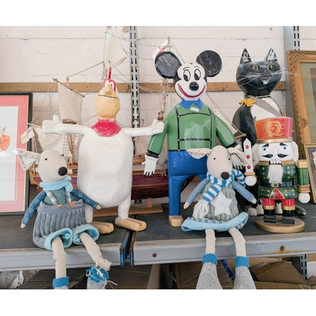 Model of a sailing galleon, wooden animal figurines and toys...