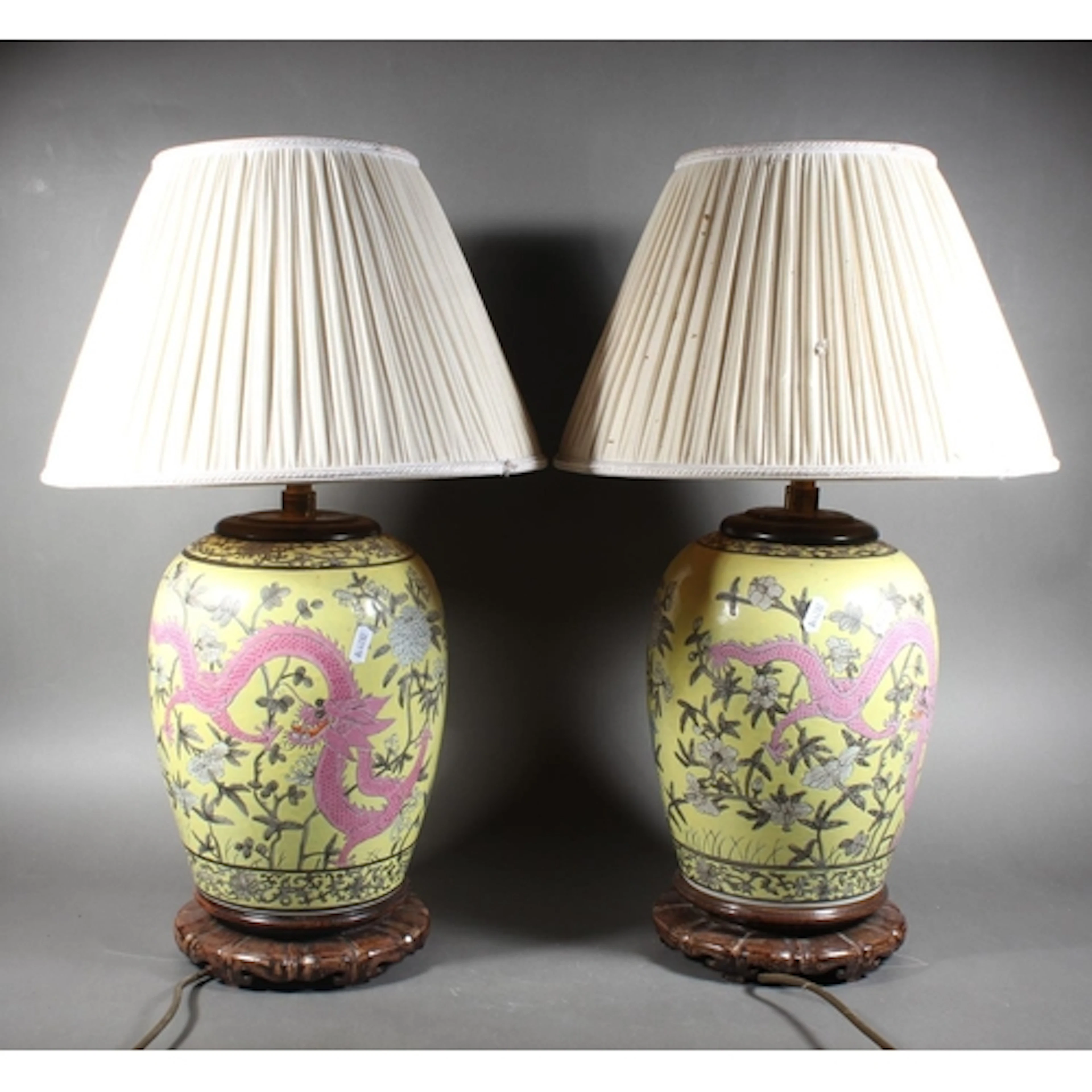Pair of yellow ground Chinese table lamps decorated with dra...