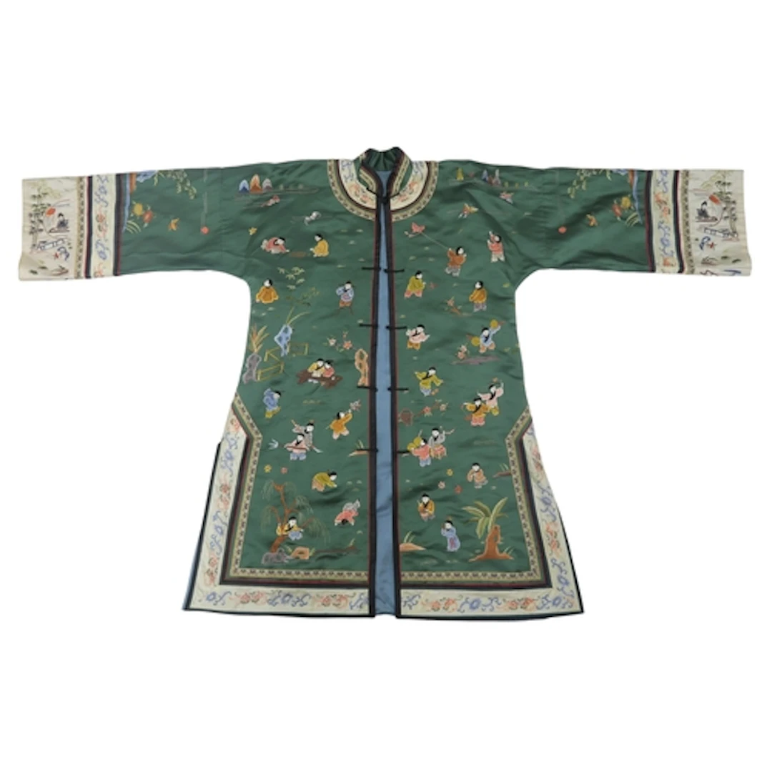 A Chinese ladies surcoat or robe embroidered in split and sa...