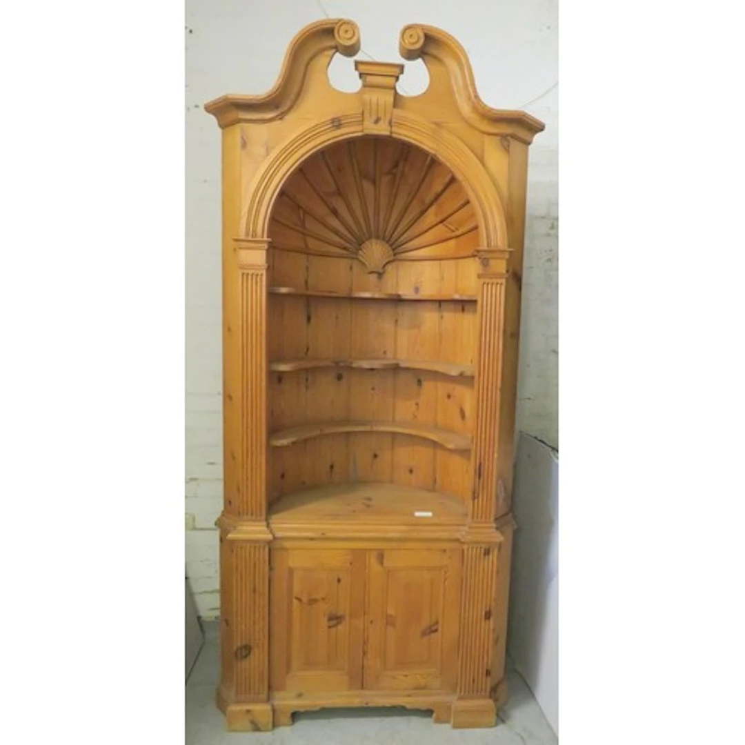 Large Pine Barre Back Corner Cabinet with broken pediment, s...