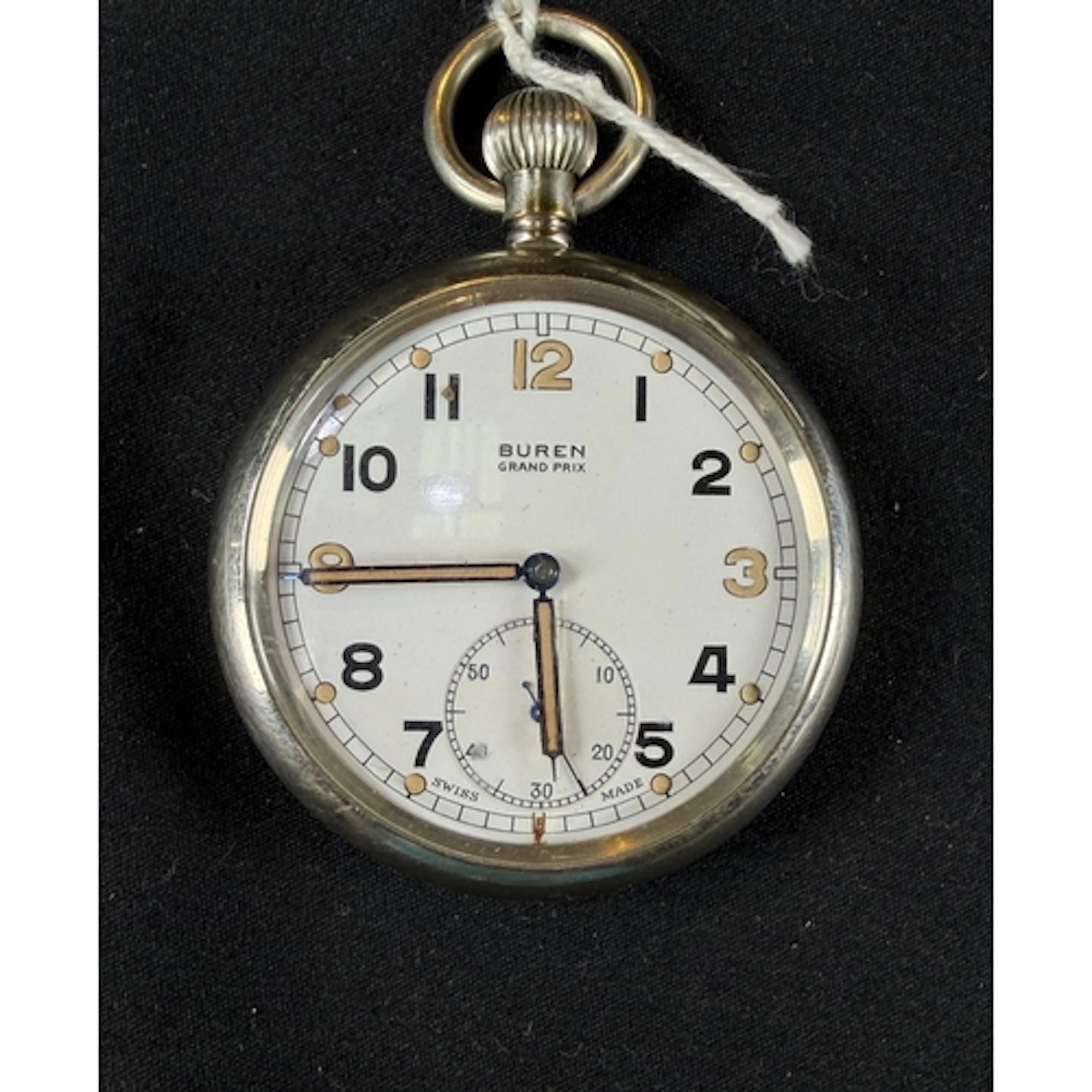 A military open faced keyless pocket watch by BUREN inscribe...