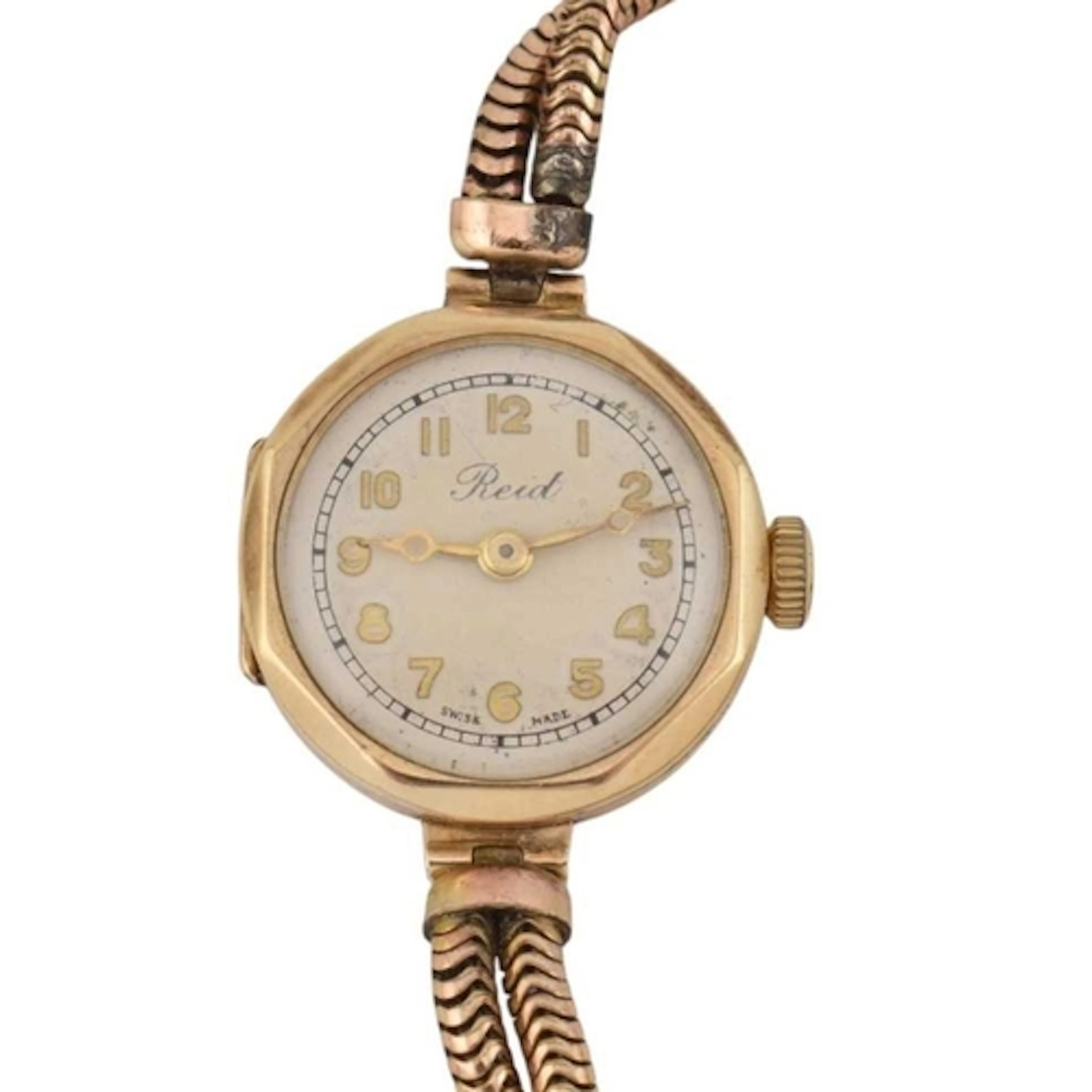 A 1930s hallmarked 9ct gold wristwatch on a rolled gold stra...
