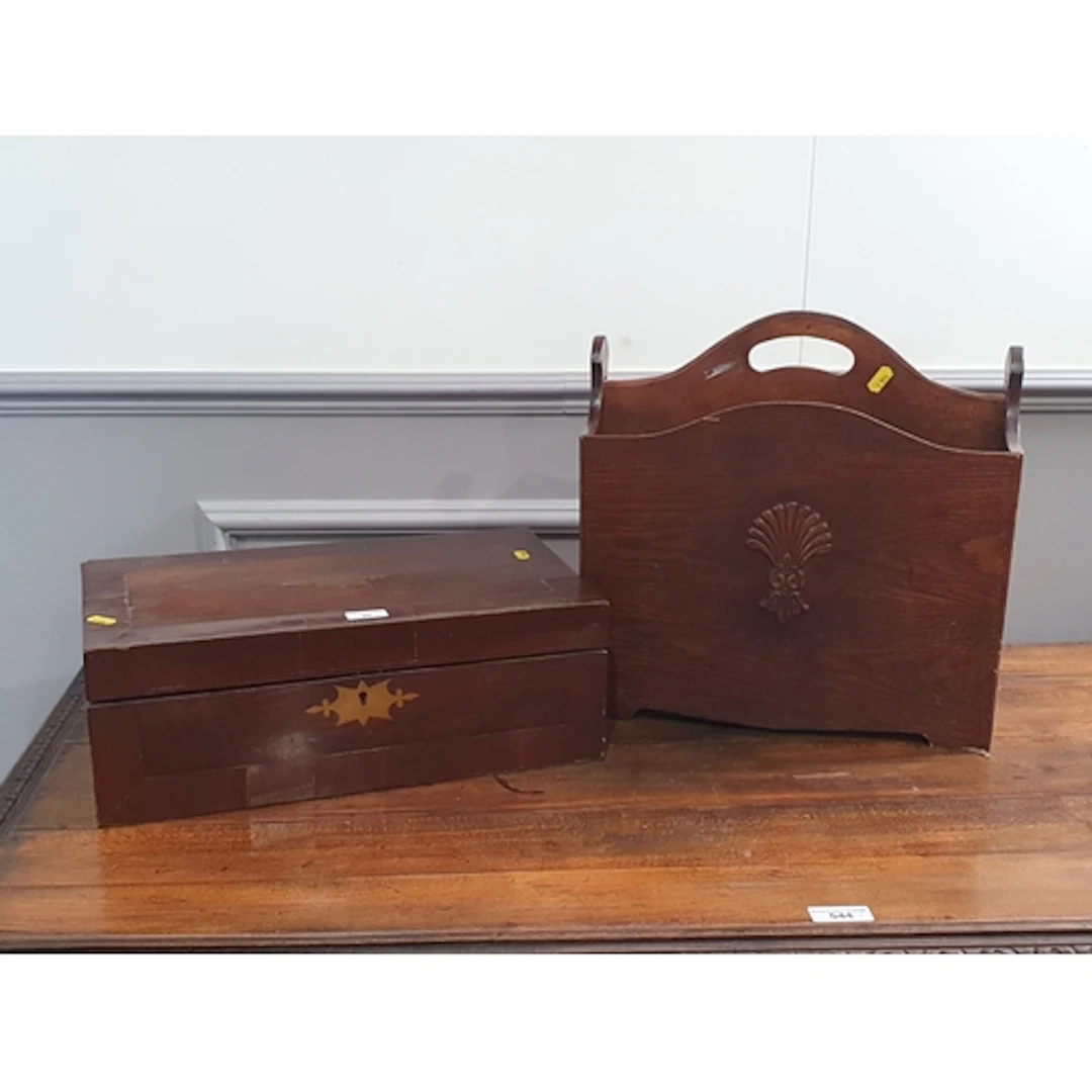A mahogany and inlaid Writing Slope, a modern Table Lamp and...