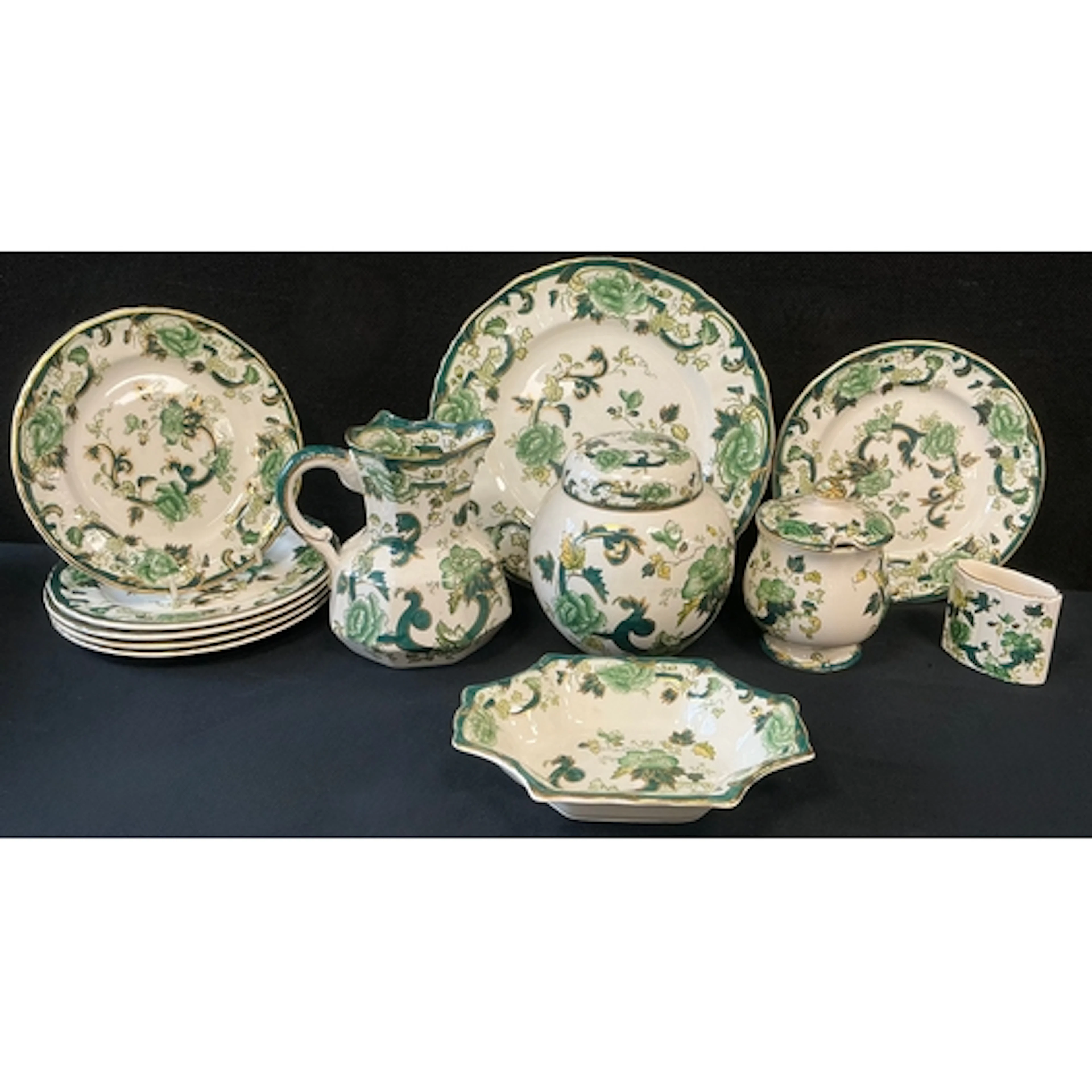 Masons Chartreuse - six tea tea plates; ginger jar and cover...