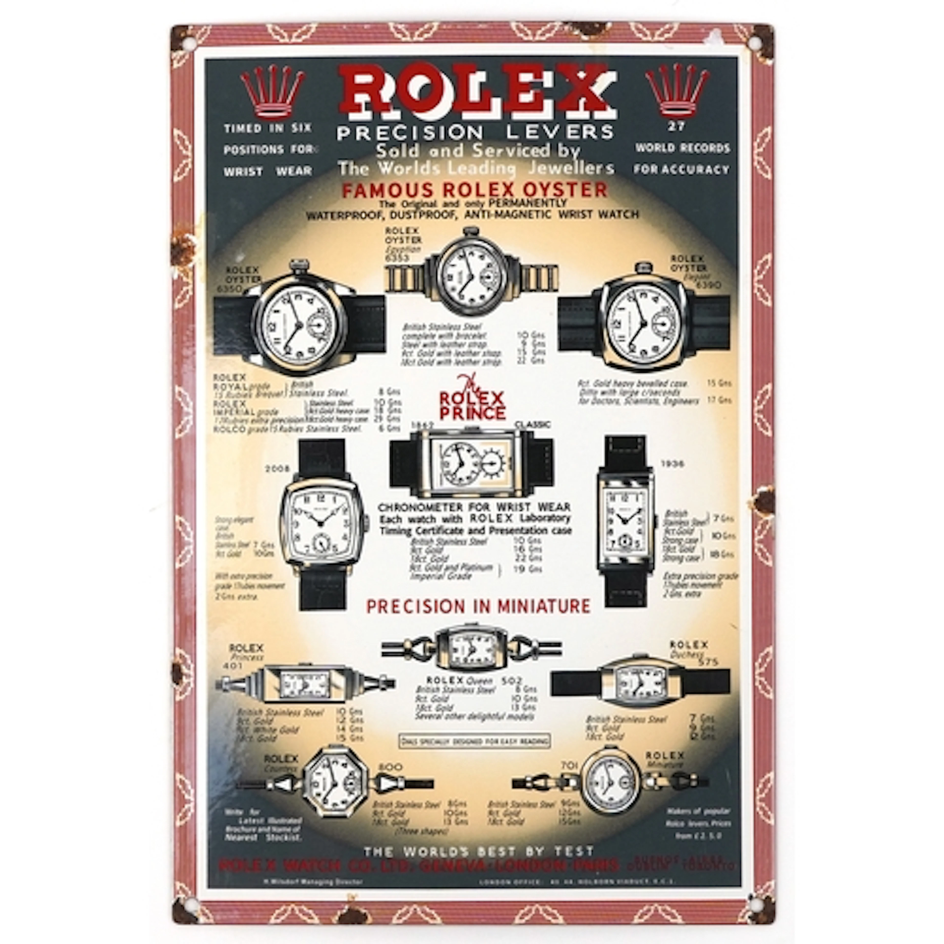 Rolex Precision Levers style enamelled rectangular tin adver...