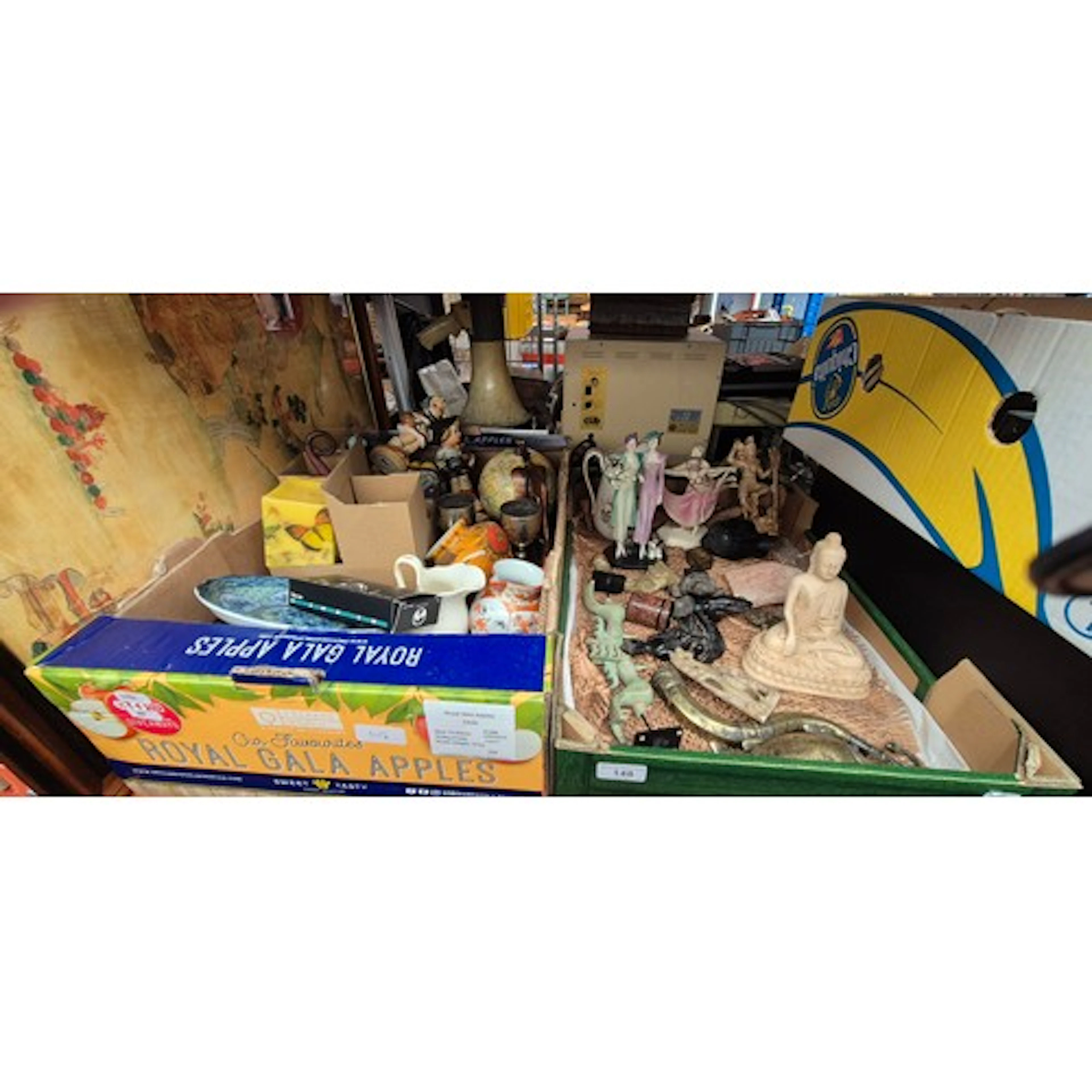 2 boxes of ceramics etc to include Eastern figures, Goebel s...