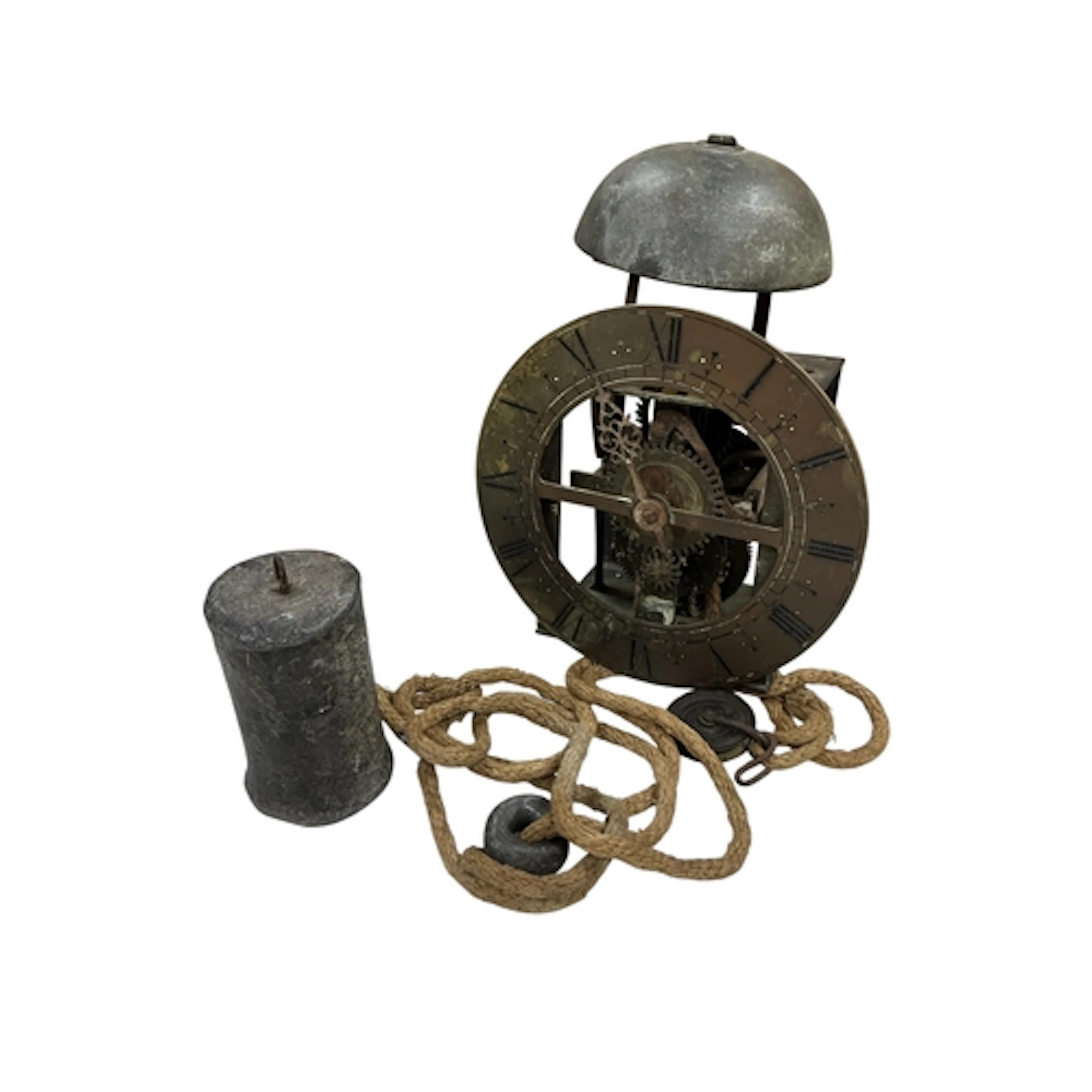 A 17th century style iron wall clock with brass chapter ring...