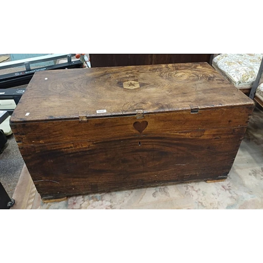 CAMPHOR WOOD TRUNK WITH INSET STAR MOTIF TOP & METAL FITTING...